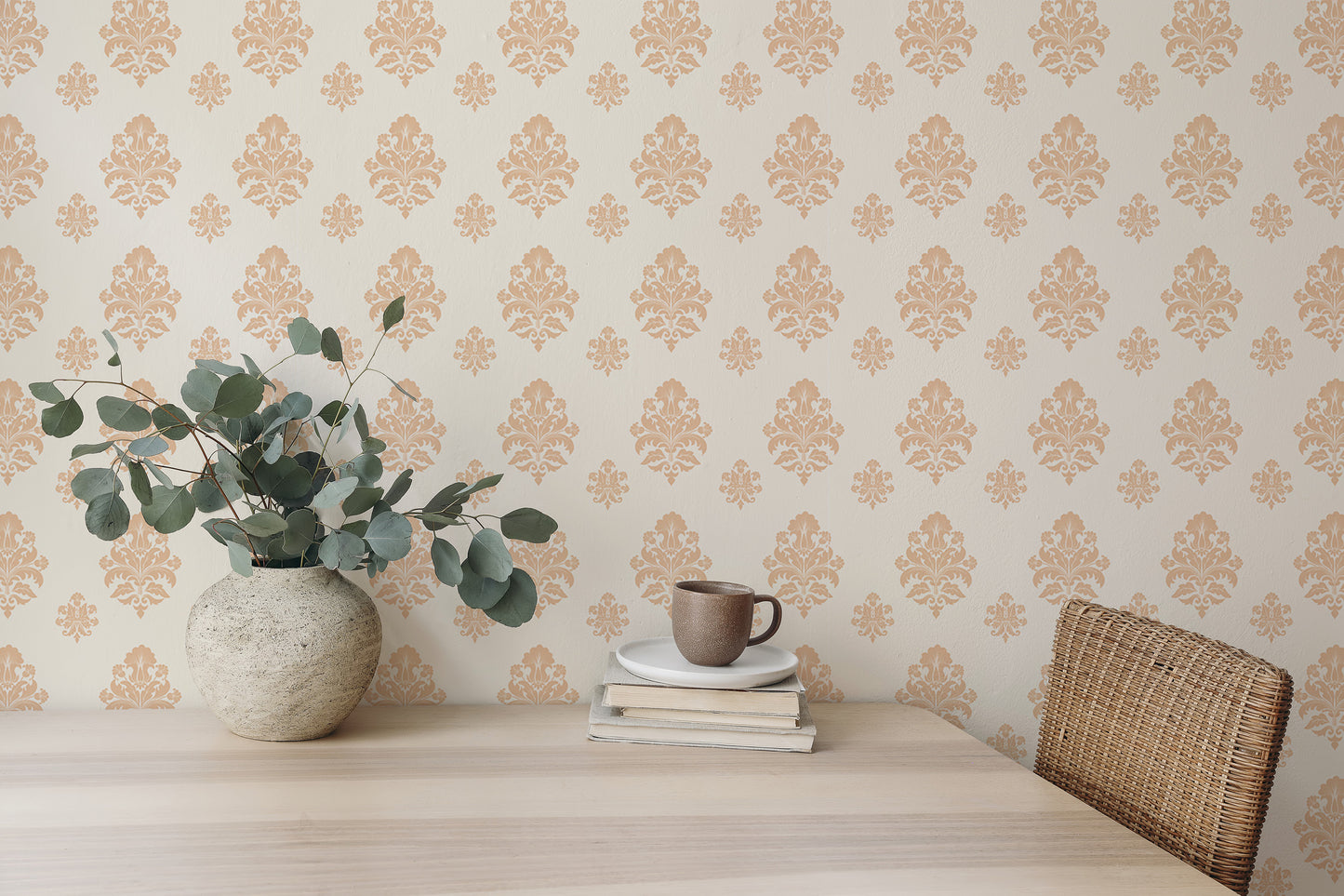 Beige Classical Damask Repeat Pattern Wallpaper