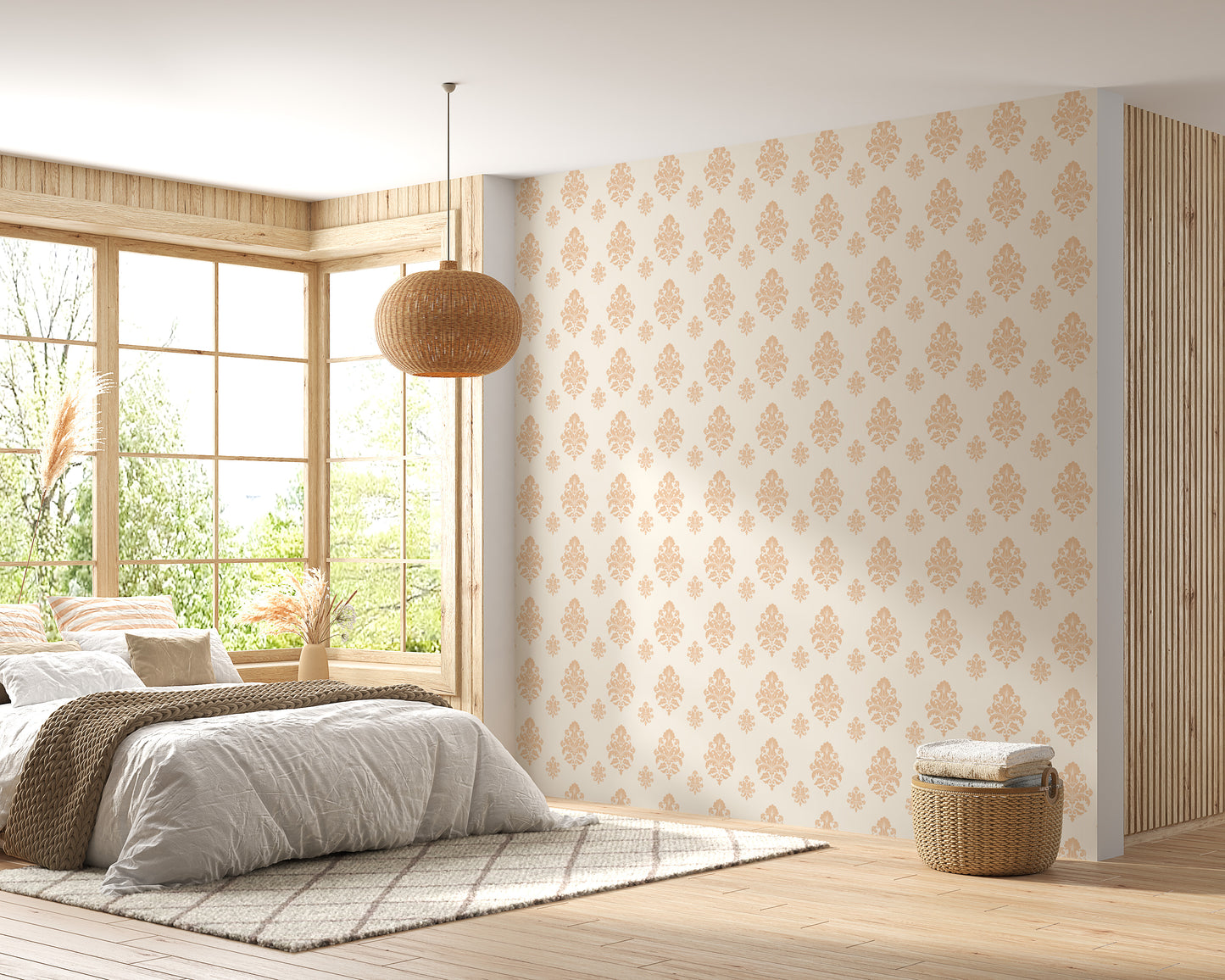 Beige Classical Damask Repeat Pattern Wallpaper