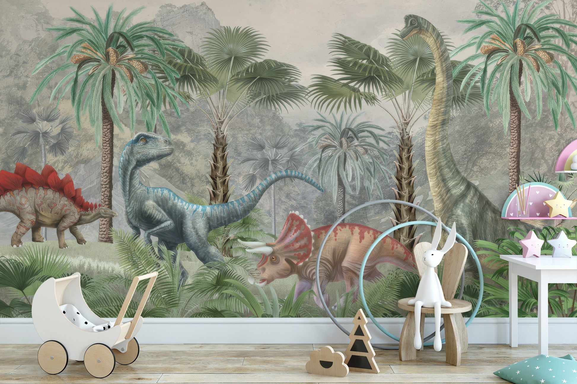 Self-adhesive dinosaur mural for vibrant kids' spaces