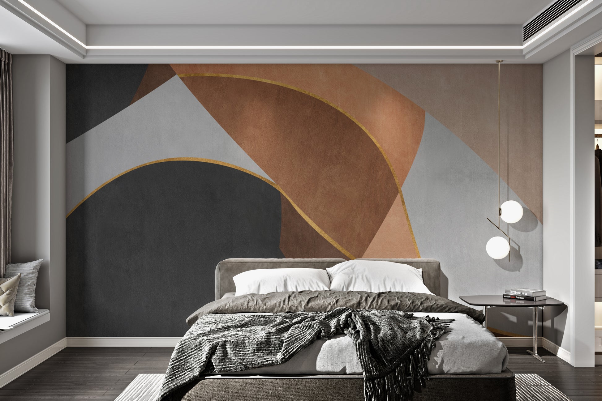 Modern abstract mural with dynamic curve patterns