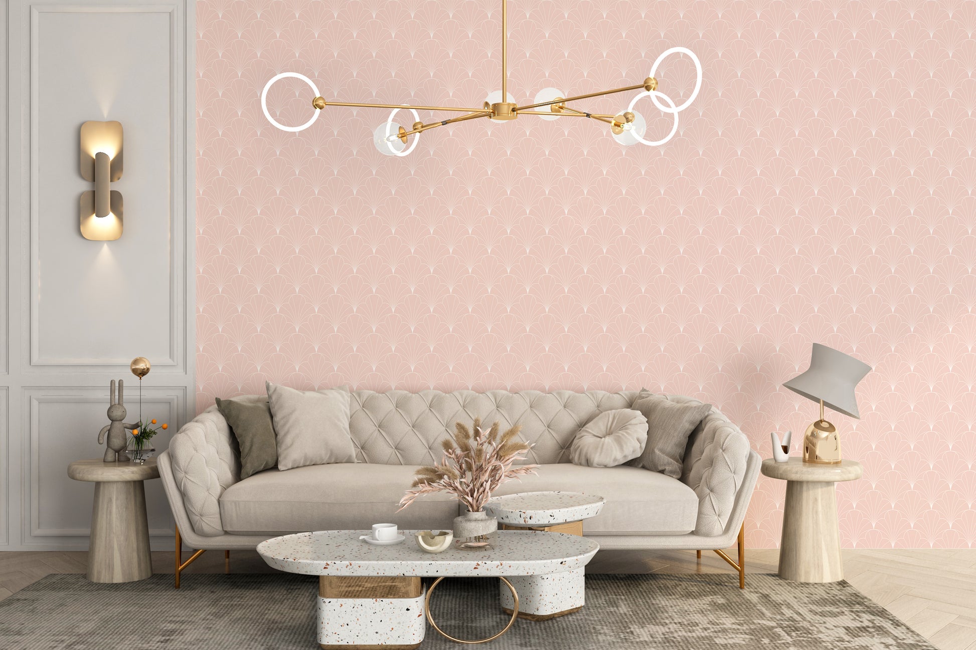 Soft pink mural with retro art deco style
