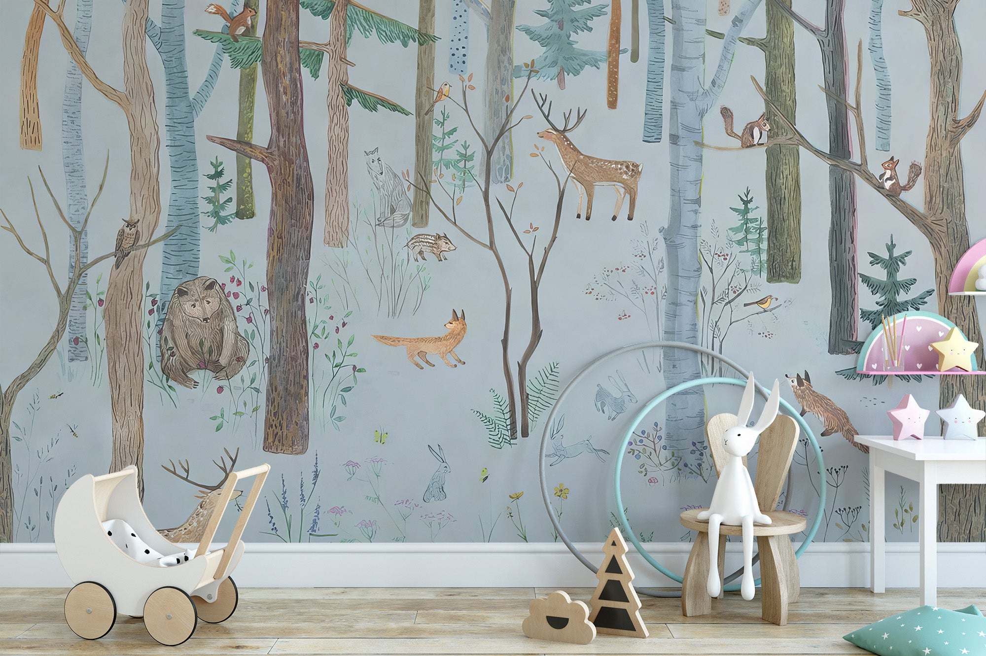 Temporary woodland wildlife wallpaper for natural spaces