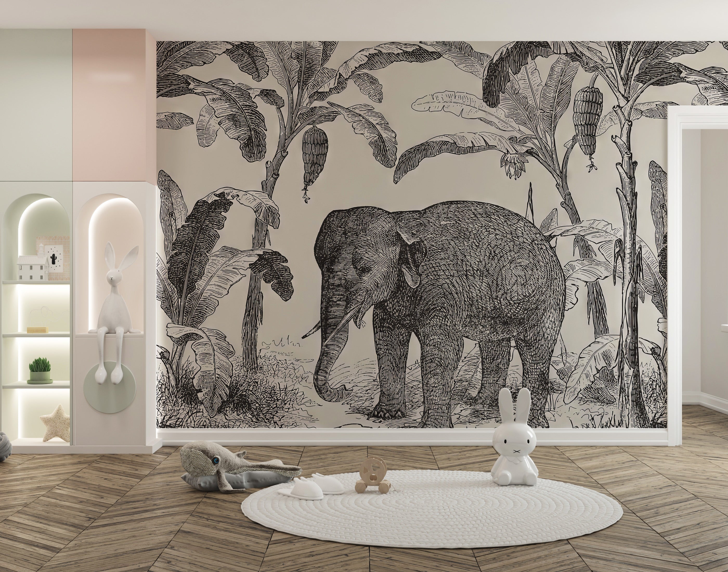 Minimalist elephant mural featuring hand-drawn sketch designs
