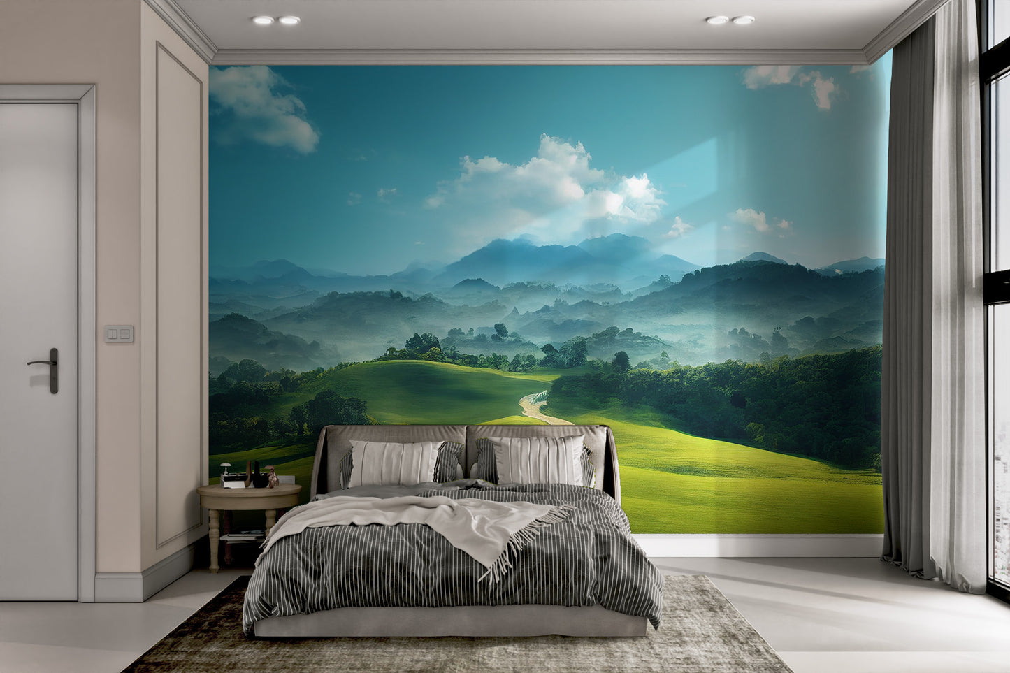 Picturesque green countryside wall mural with soft mist
