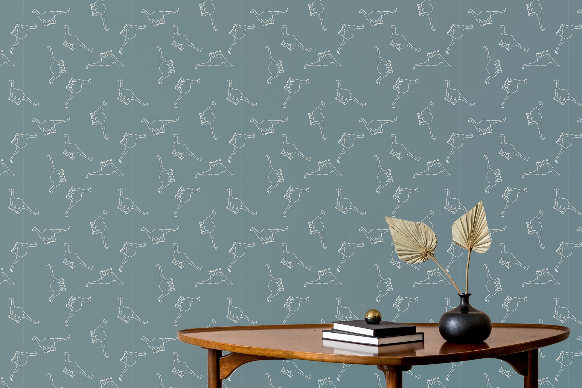 Whimsical dinosaur wallpaper with a neutral color scheme