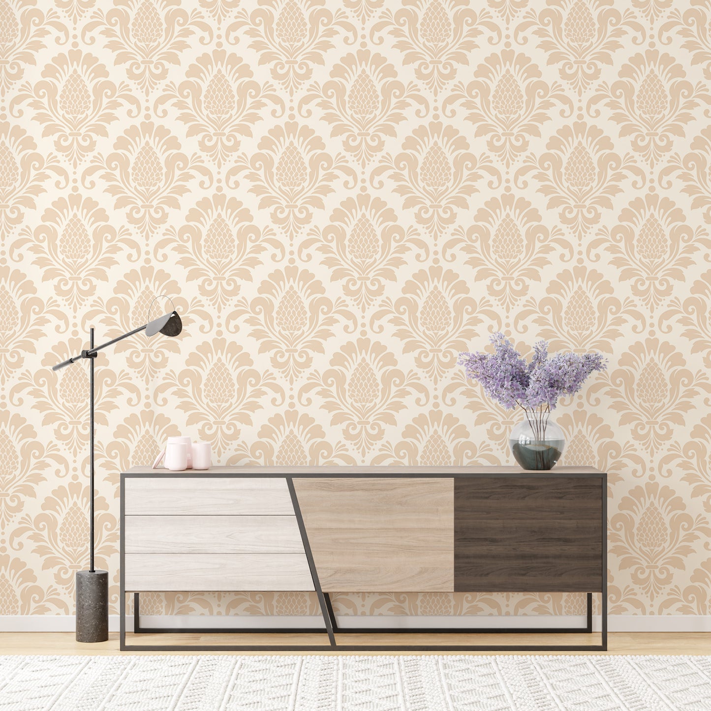 Beige Color Butta Damask Repeat Pattern Wallpaper