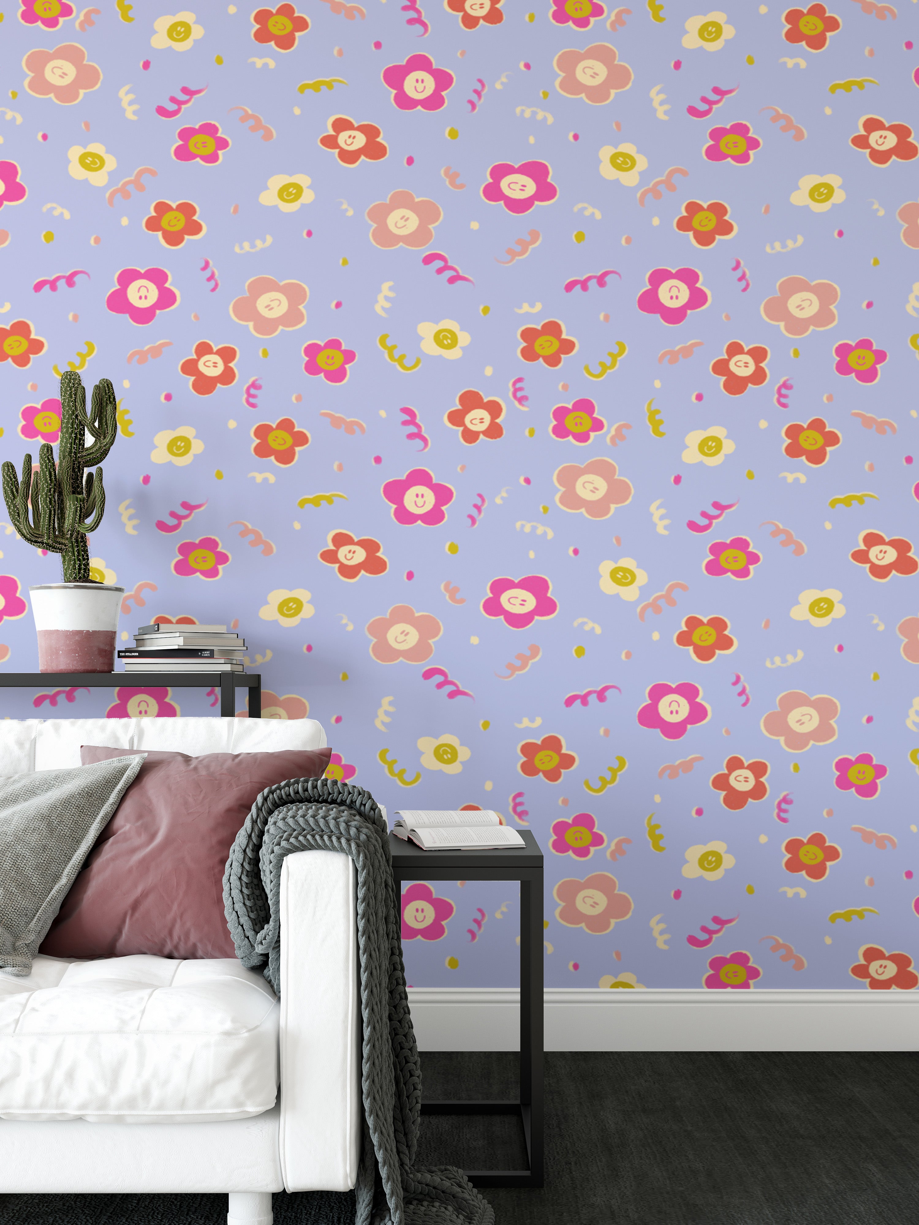 Fun and lively wallpaper with happy blooming flowers
