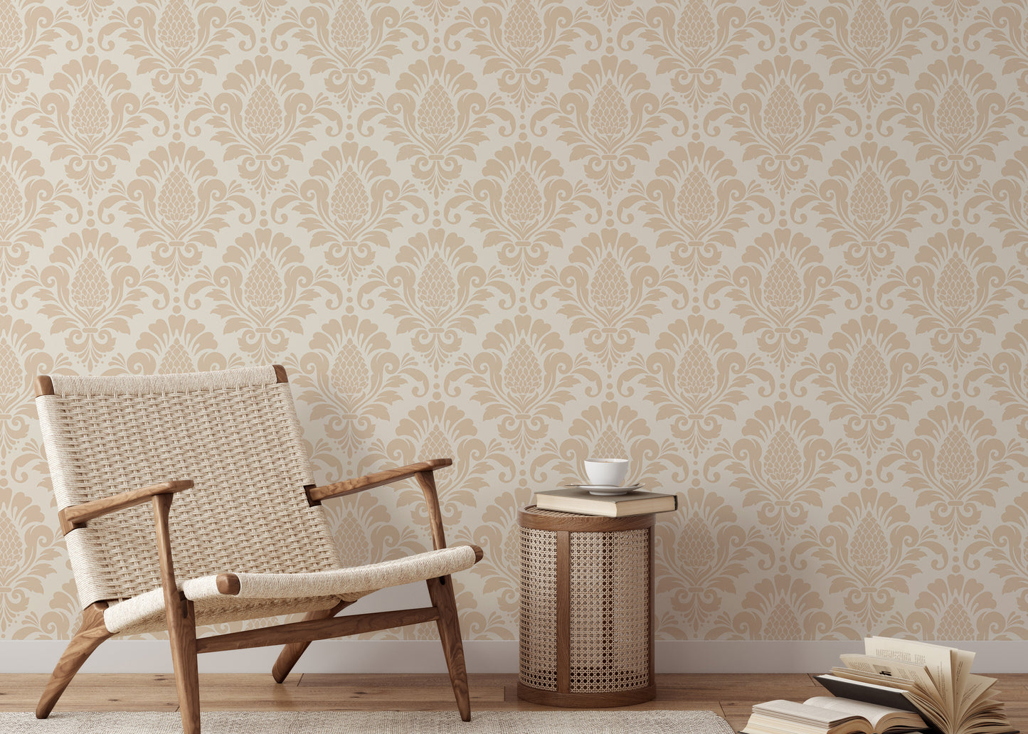 Beige Color Butta Damask Repeat Pattern Wallpaper