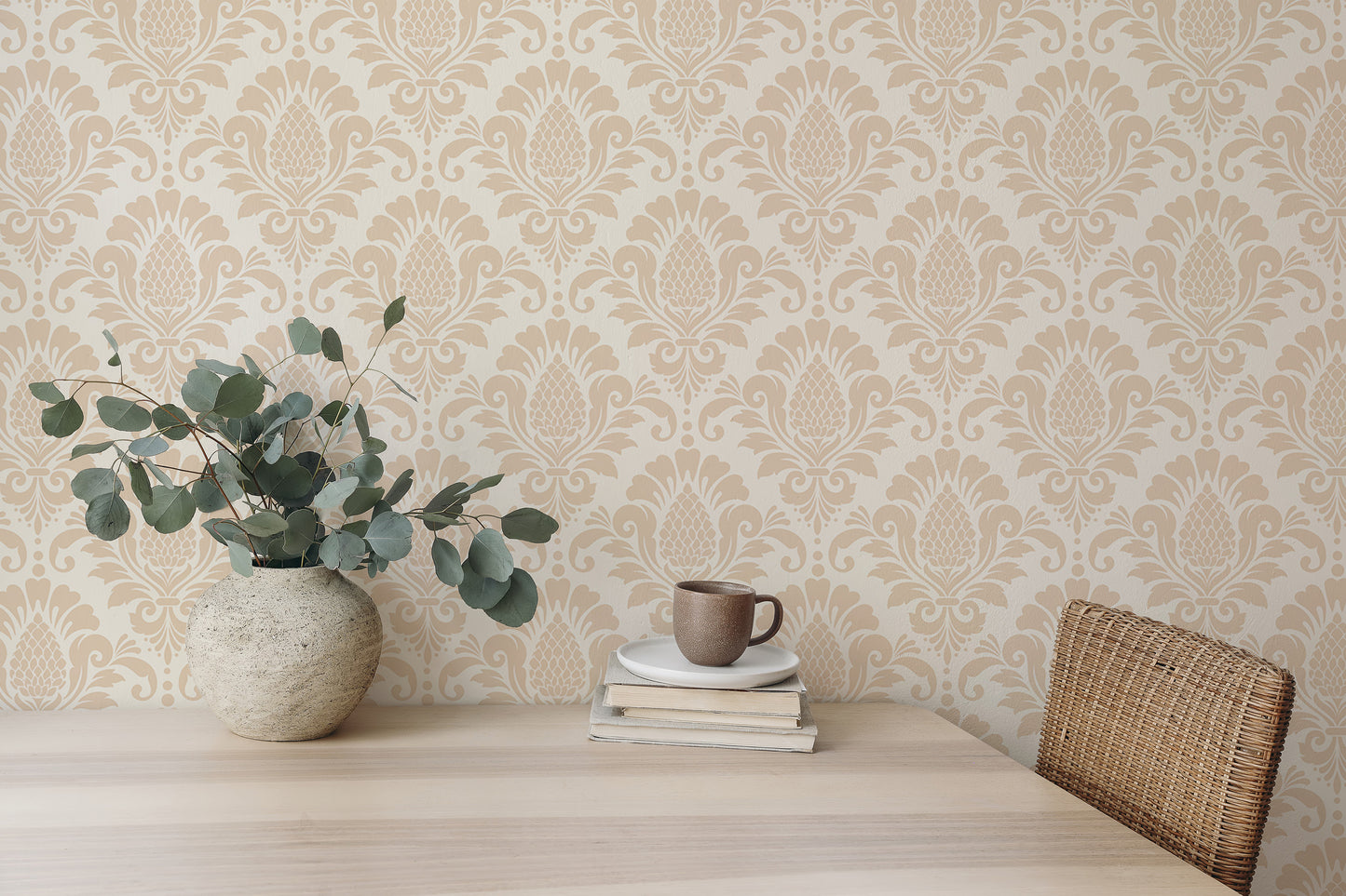 Beige Color Damask Repeat Pattern Wallpaper