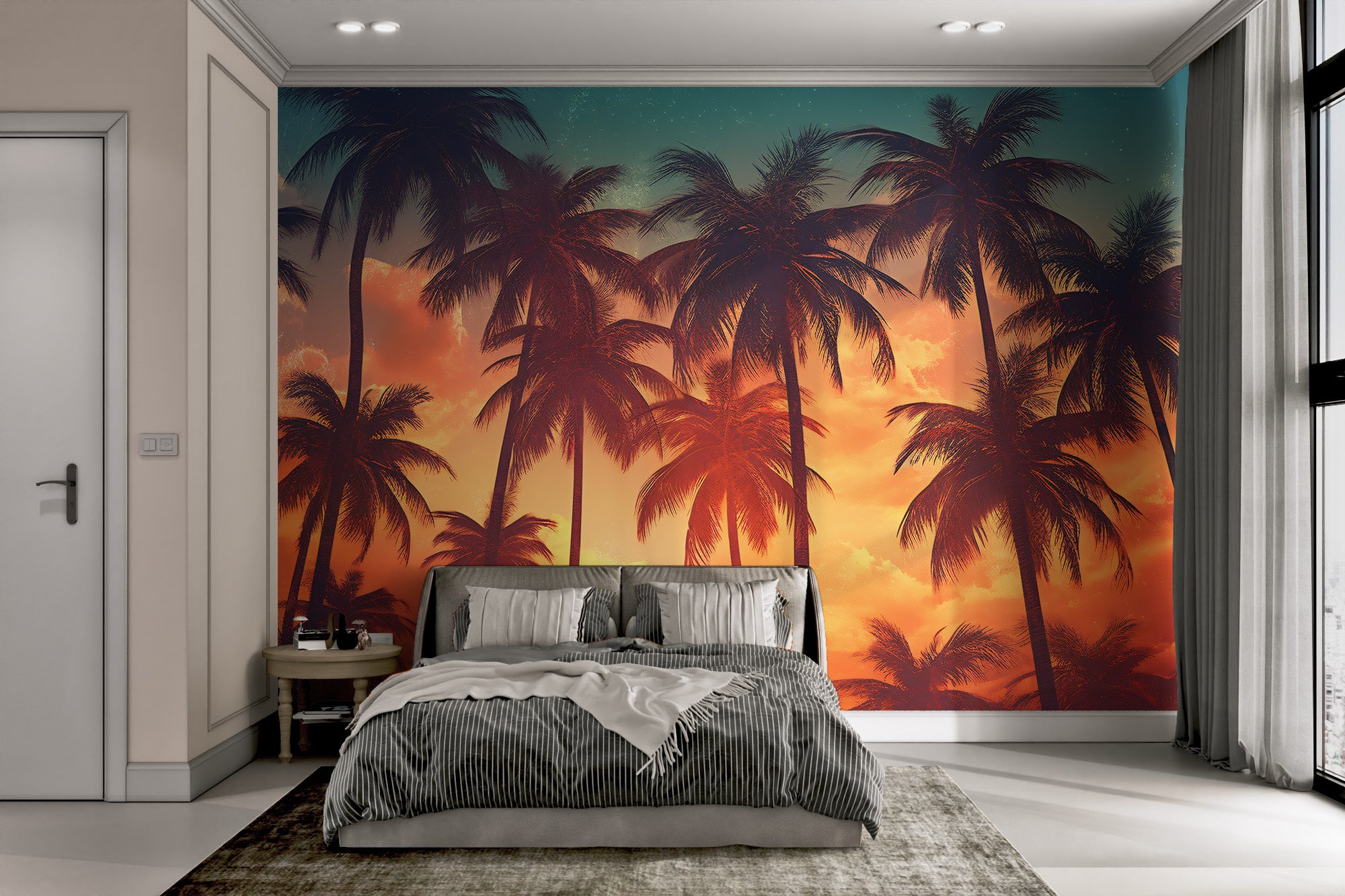 Exotic island palm trees wallpaper with golden sky
