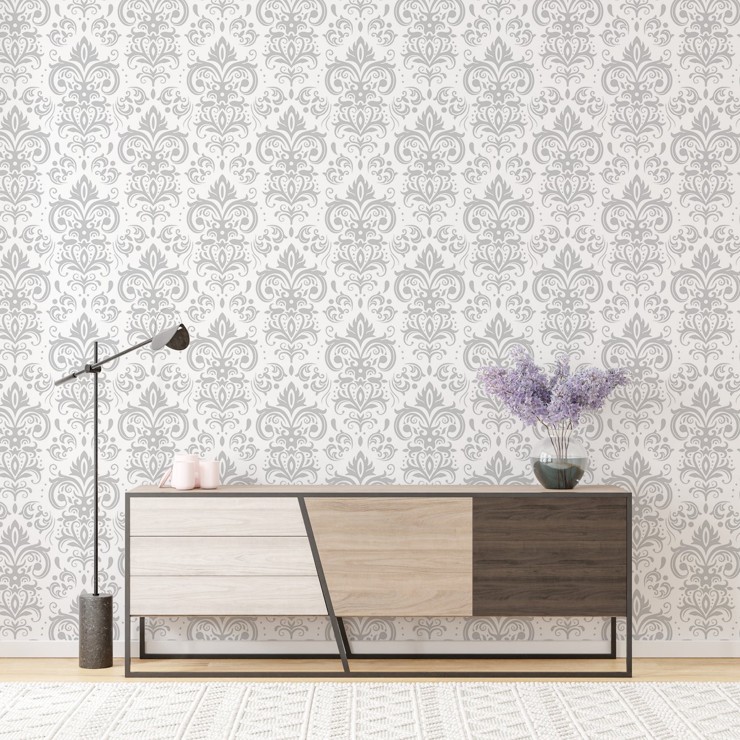 Stylish Rococo White Damask Peel and Stick Wallpaper