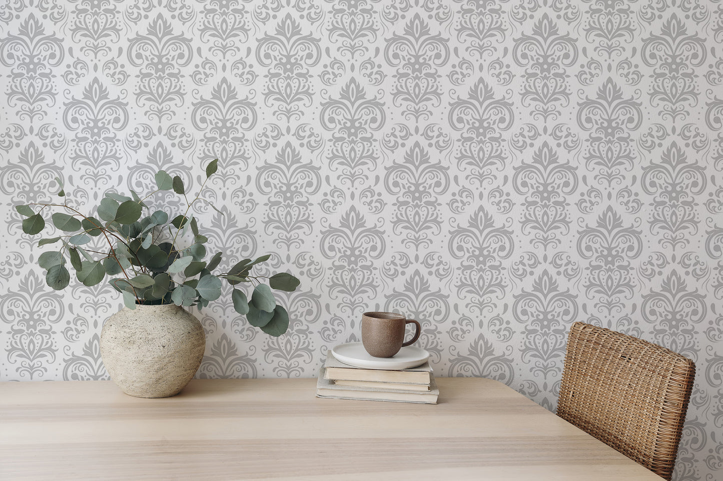 Stylish Rococo White Damask Peel and Stick Wallpaper