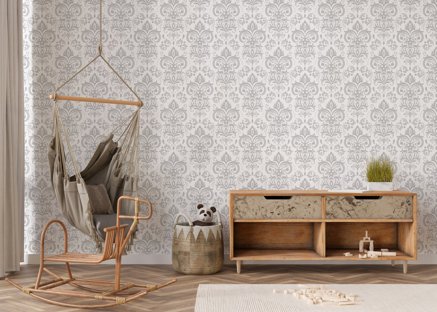 Stylish Rococo White Damask Peel and Stick Wallpaper