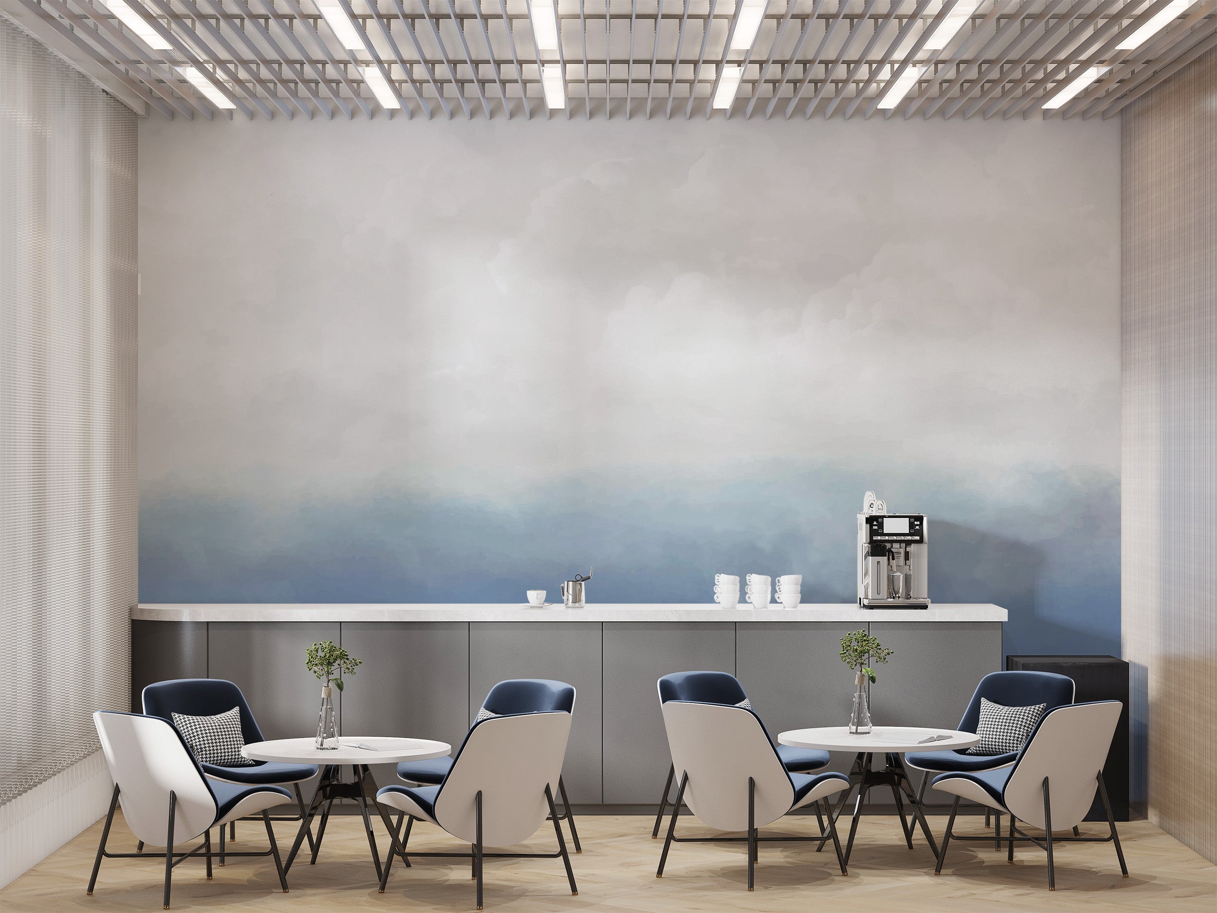 Tranquil blue sky mural for peaceful home ambiance
