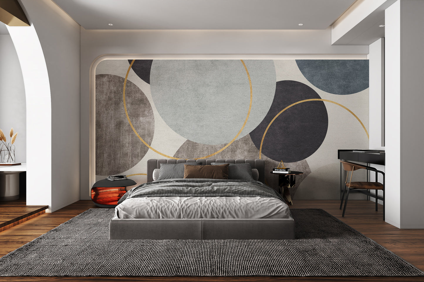 Contemporary gray and blue wallpaper with gold rings
