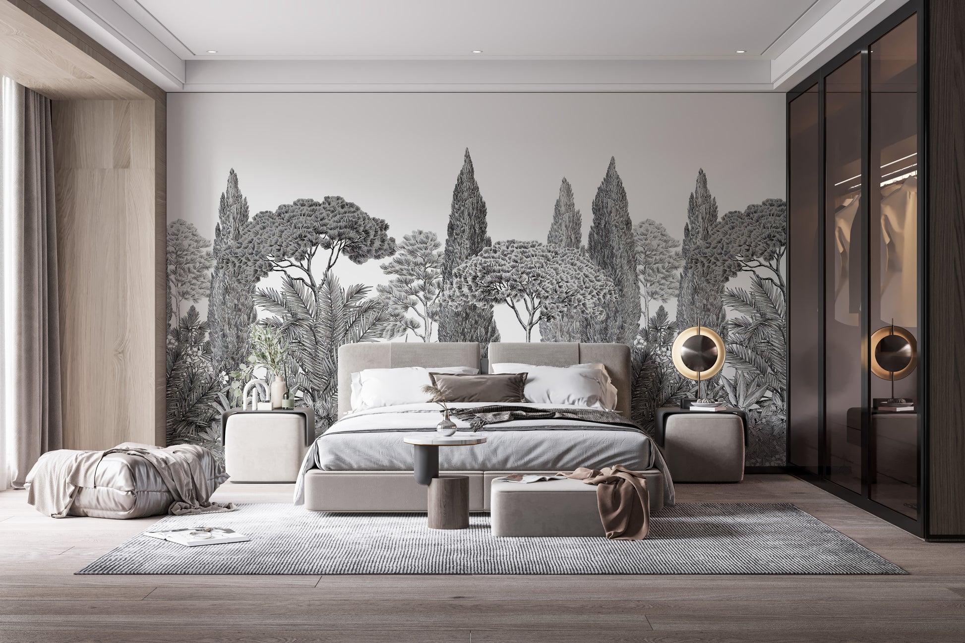 Dreamlike deodar mural in muted grey hues