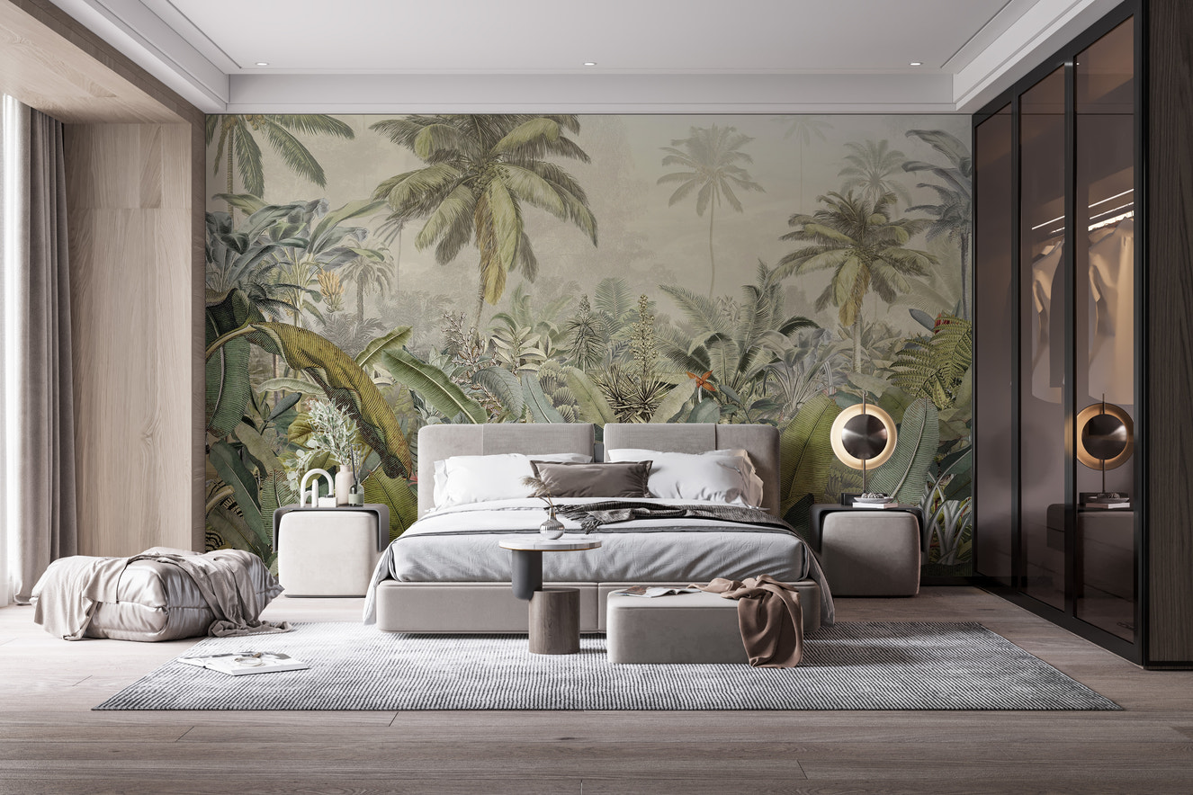 Tropical canopy watercolor wall mural design
