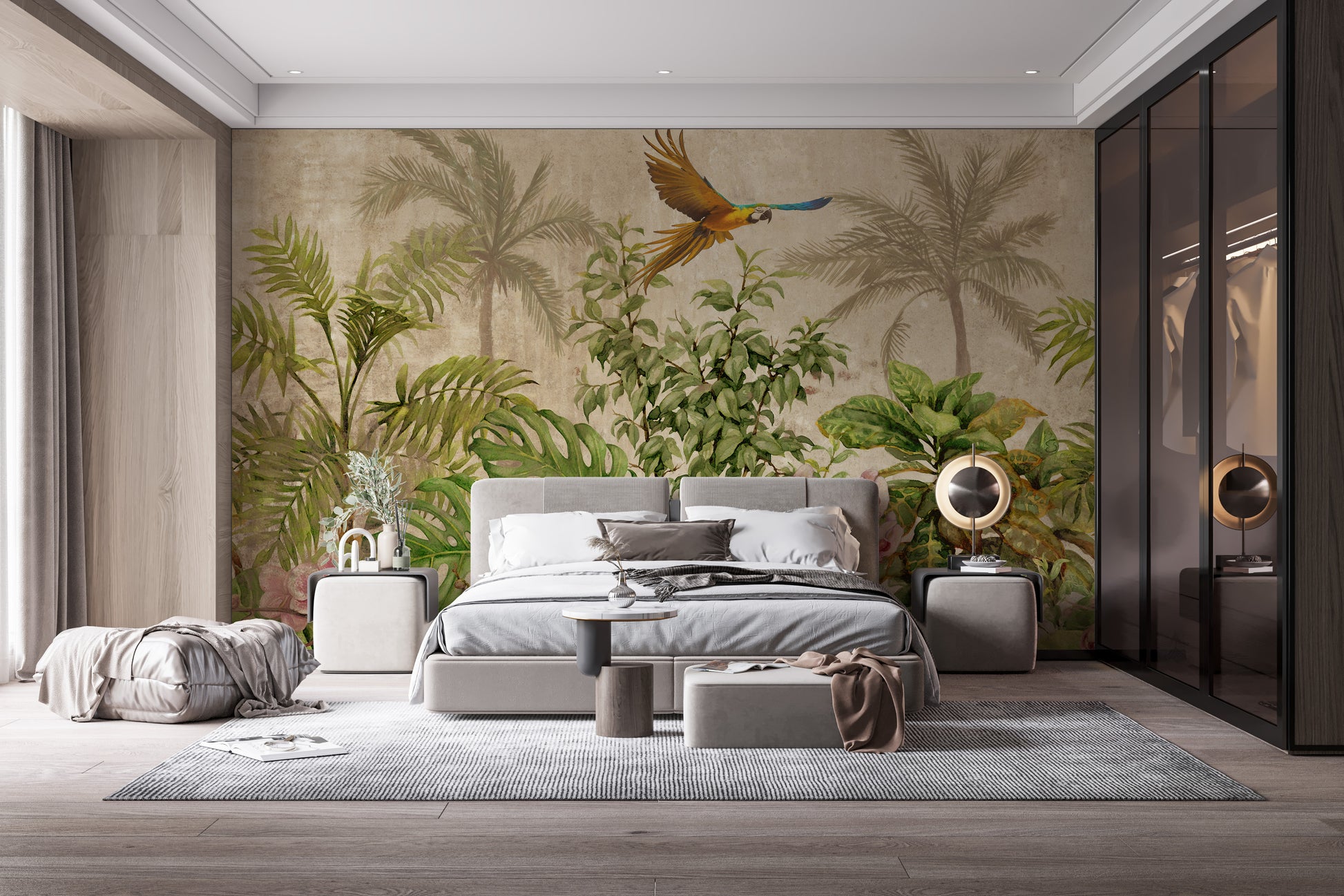 Colorful bird and tropical foliage mural
