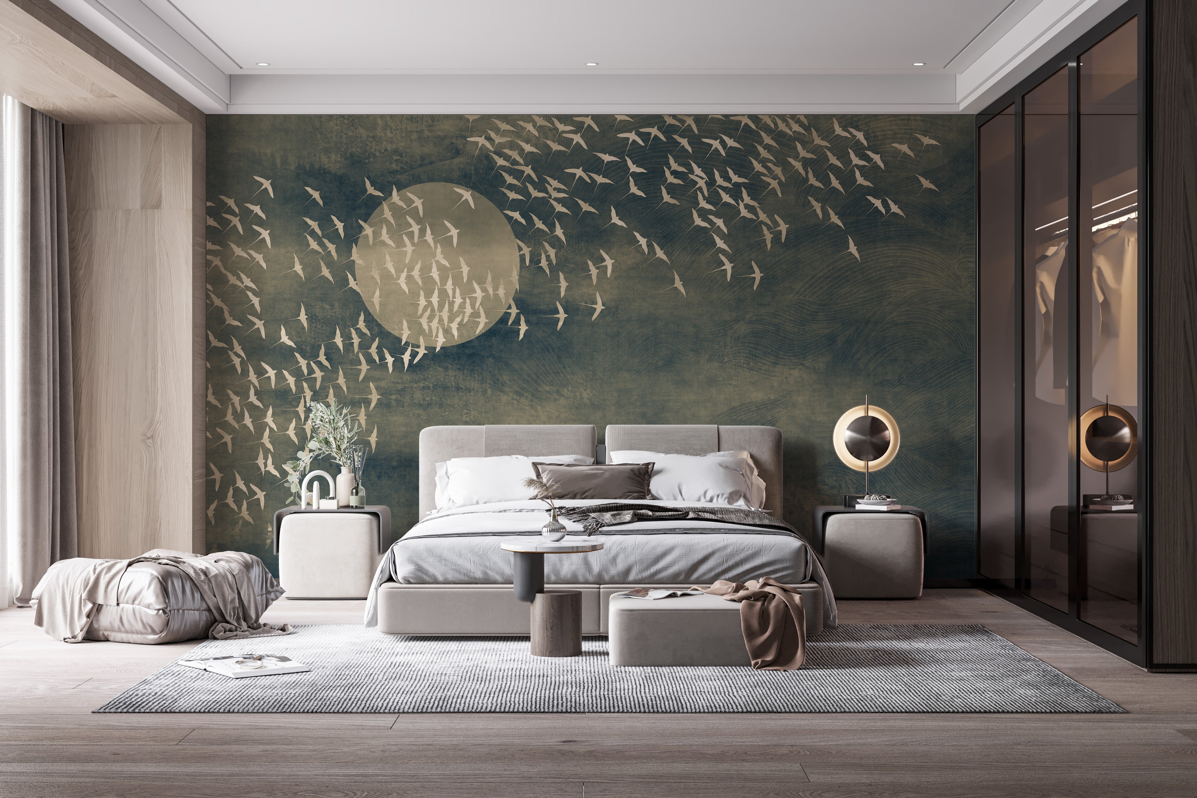 Dark mural showcasing flying golden birds.
