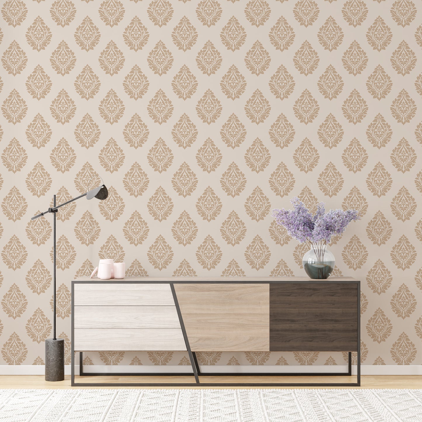 Victorian Brown Butta Damask Repeat Pattern Wallpaper