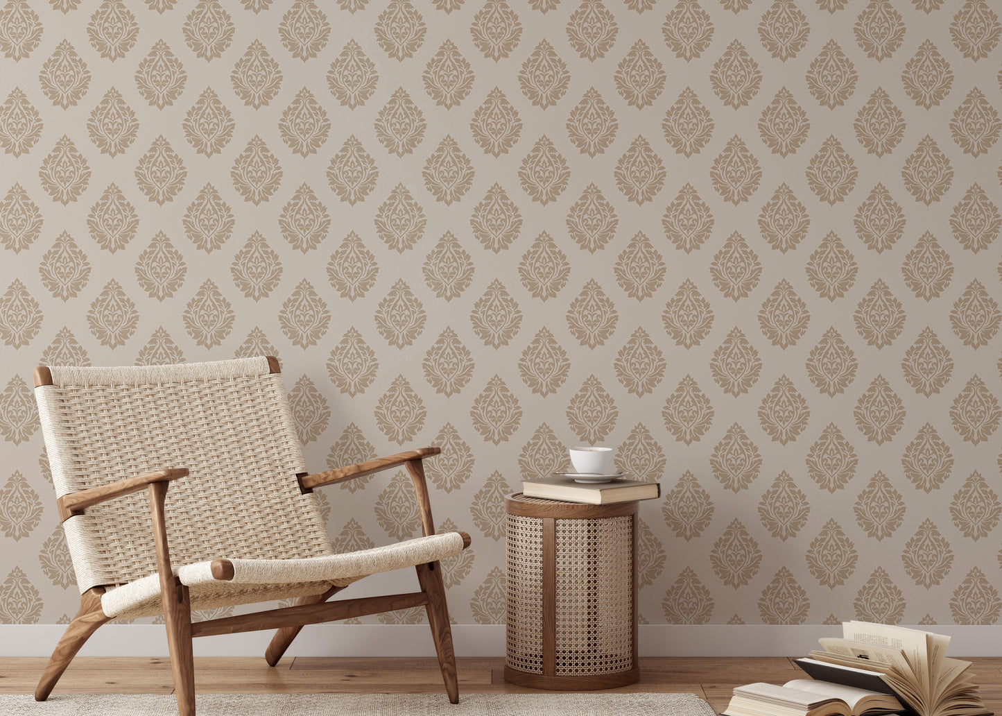 Victorian Brown Butta Damask Repeat Pattern Wallpaper