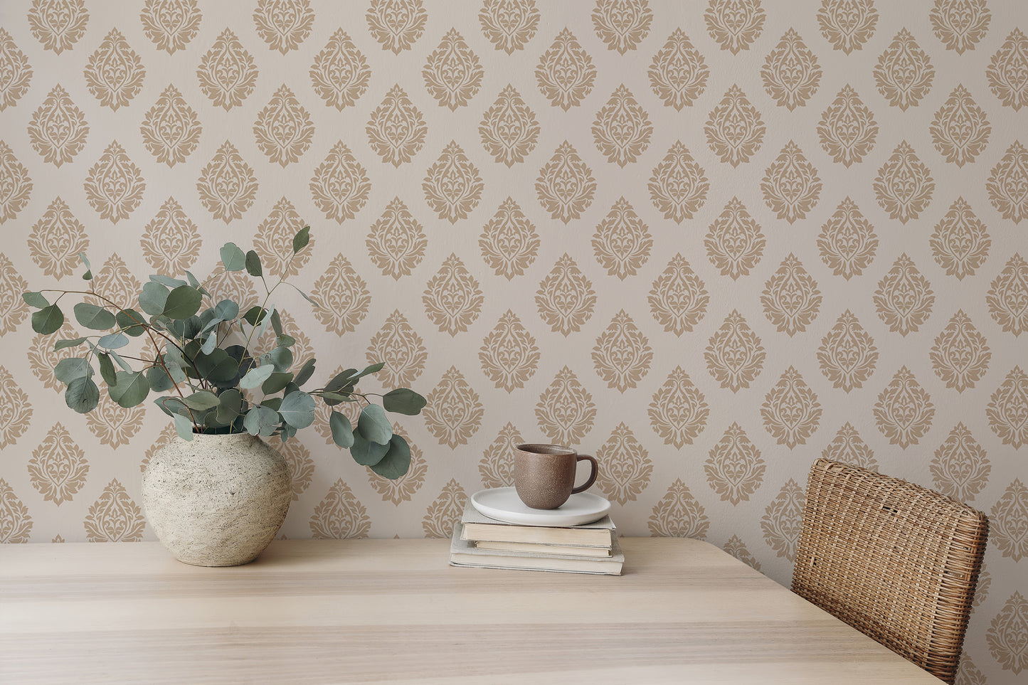 Victorian Brown Butta Damask Repeat Pattern Wallpaper