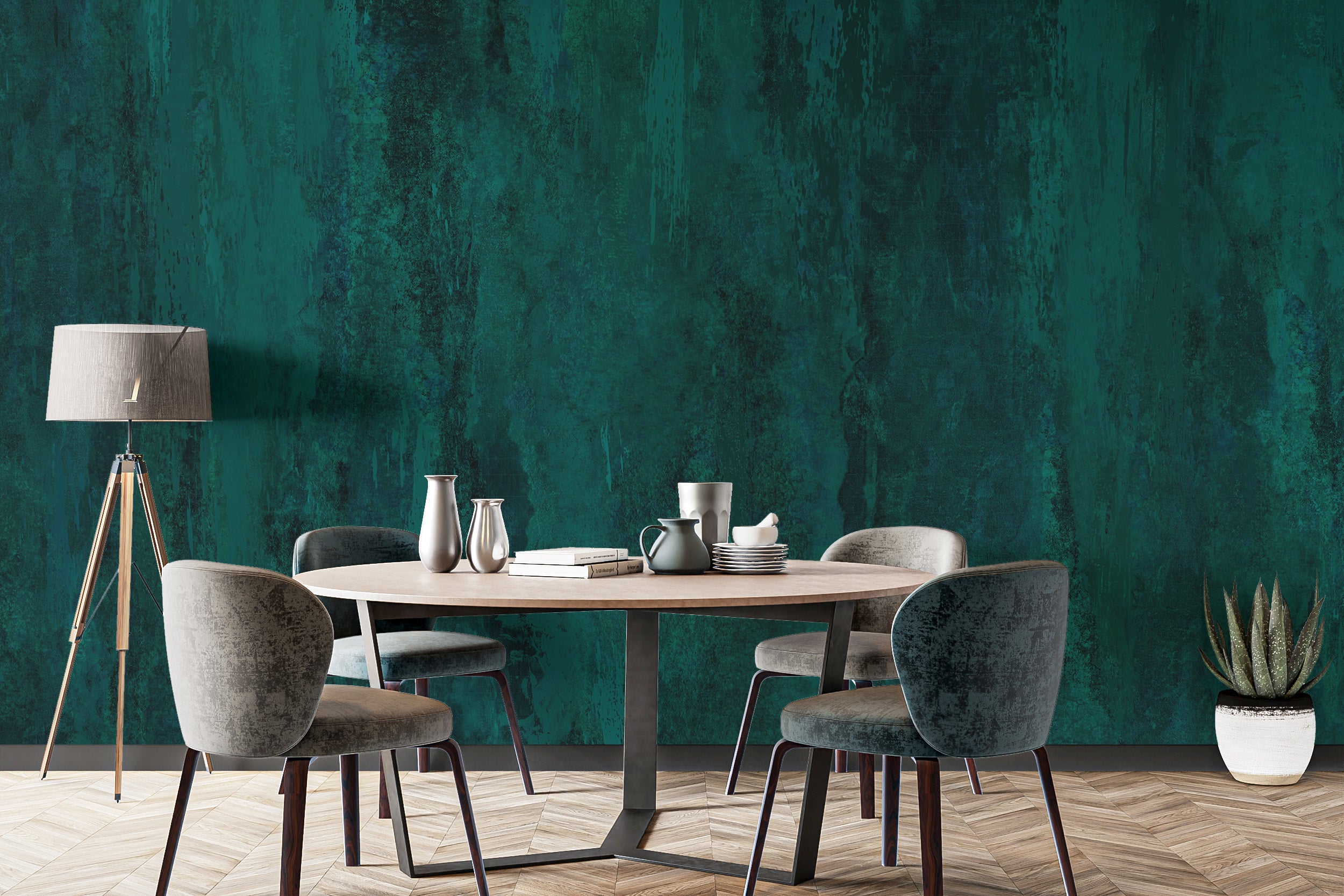 Deep green grunge mural with a rugged, textured finish.
