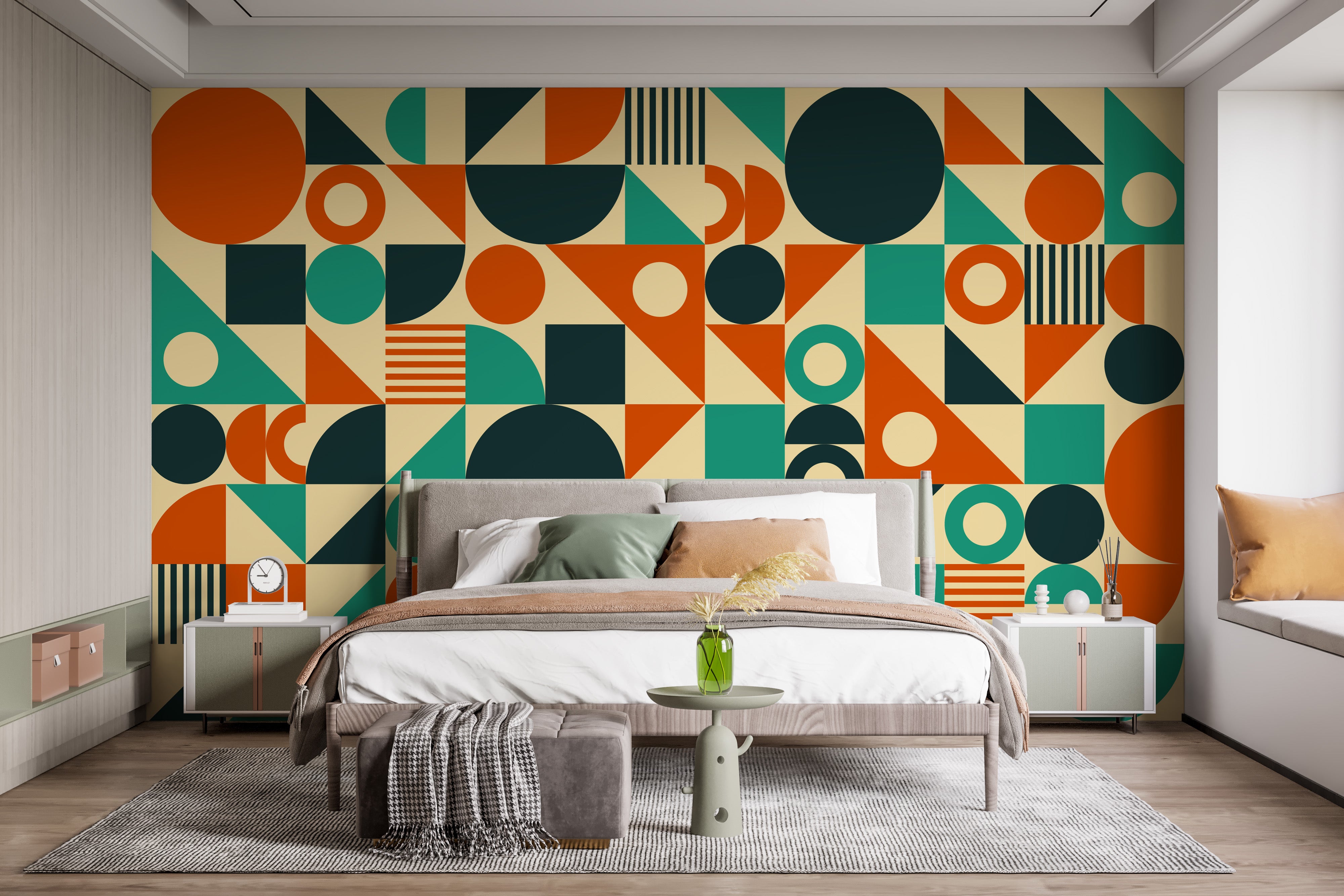 Unique mural wallpaper with retro orange green
