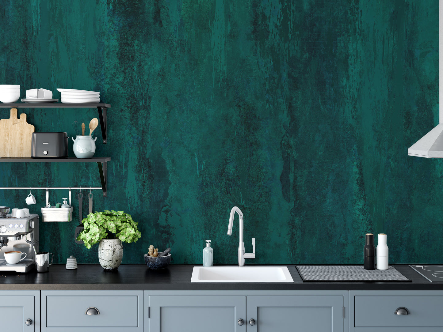 Rough green grunge mural adding industrial style to walls.
