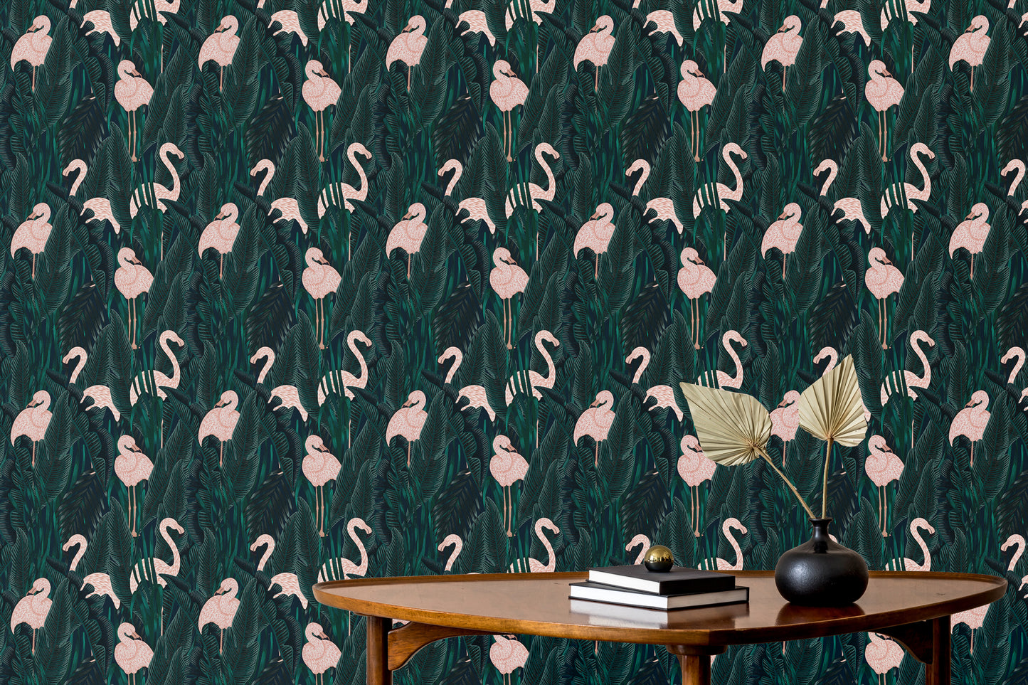 Rich exotic wallpaper showcasing delicate pink flamingos