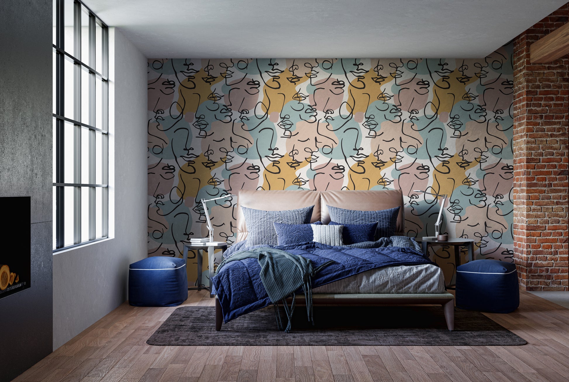 Modern line art mural in wallpaper style
