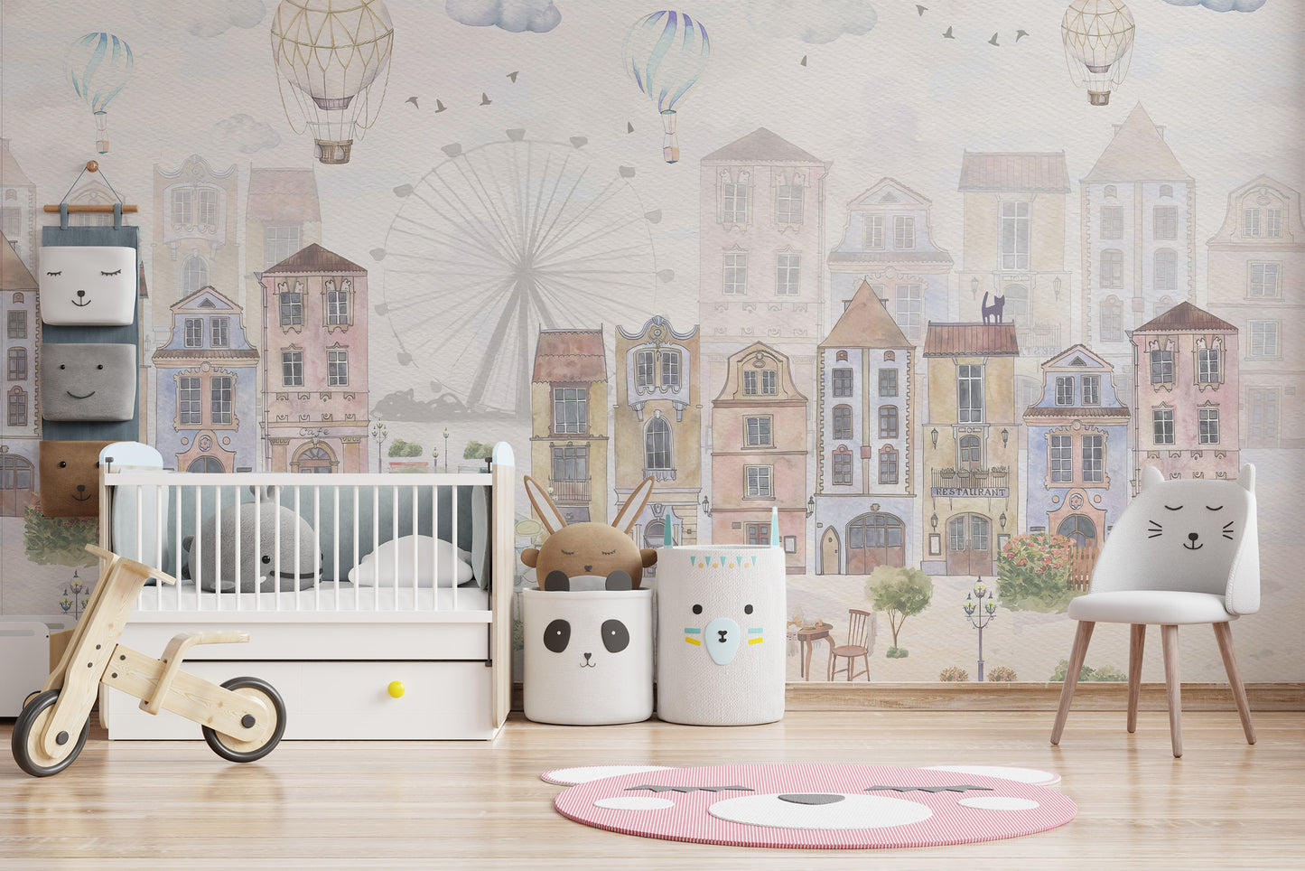 Whimsical kids wallpaper featuring a bustling old city atmosphere
