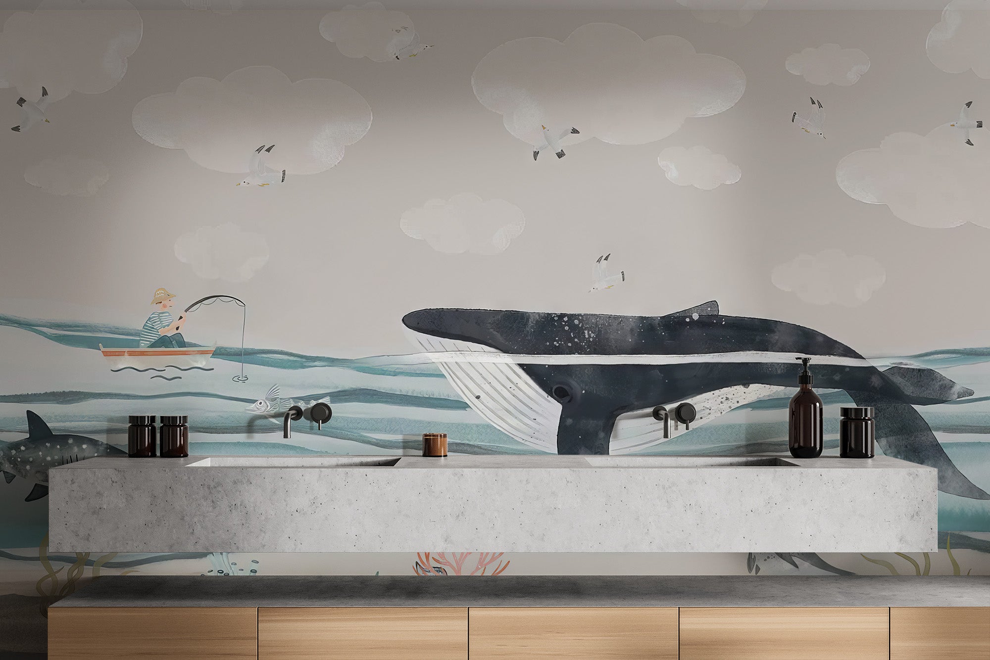 Bright and cheerful kids wallpaper featuring a big whale and waves
