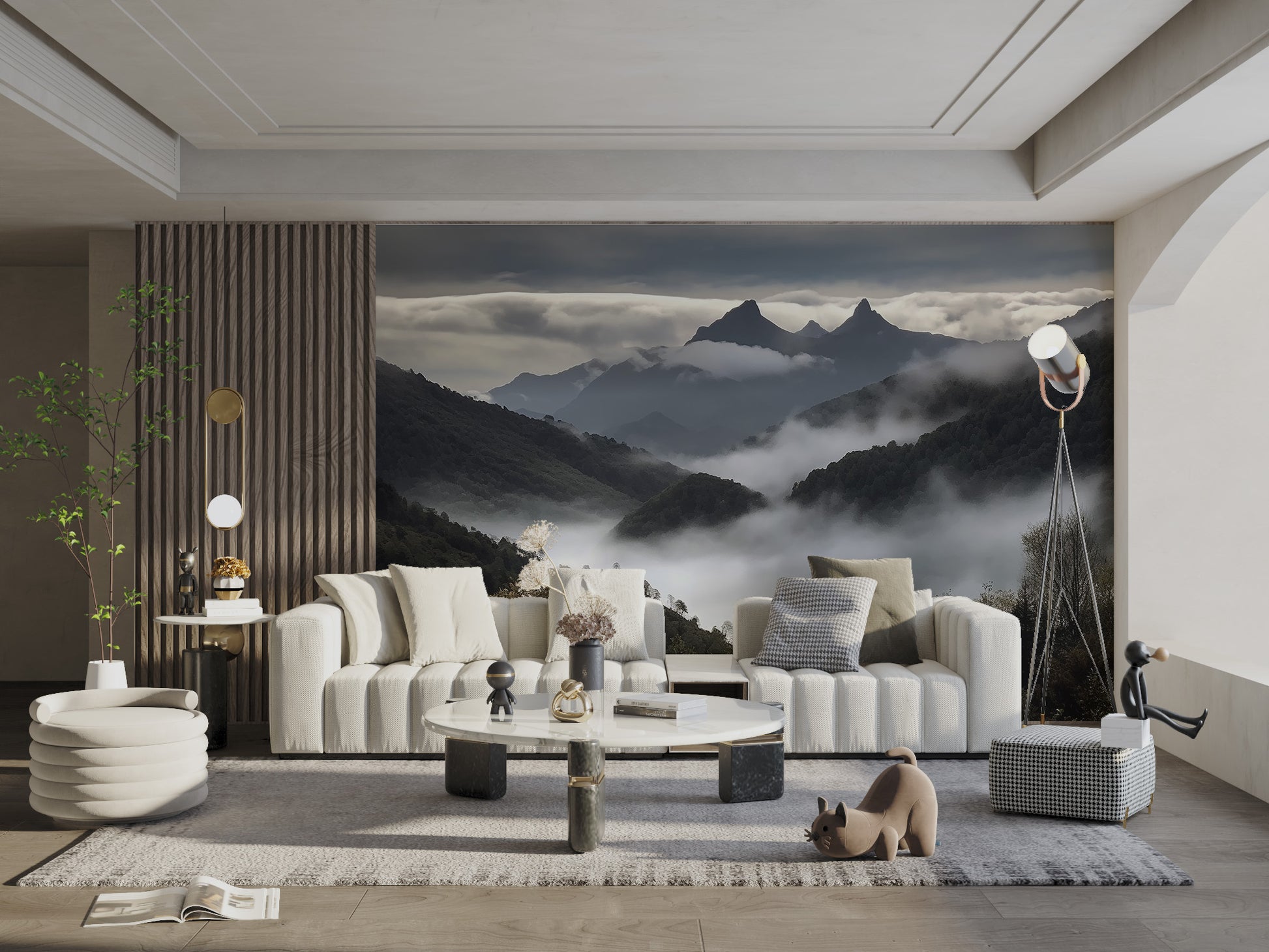 Peaceful mountain view with fog mural






