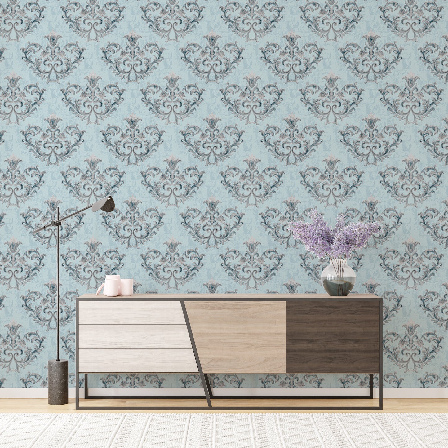 Rococo Silver Texture Pattern Floral Ornaments Wallpaper