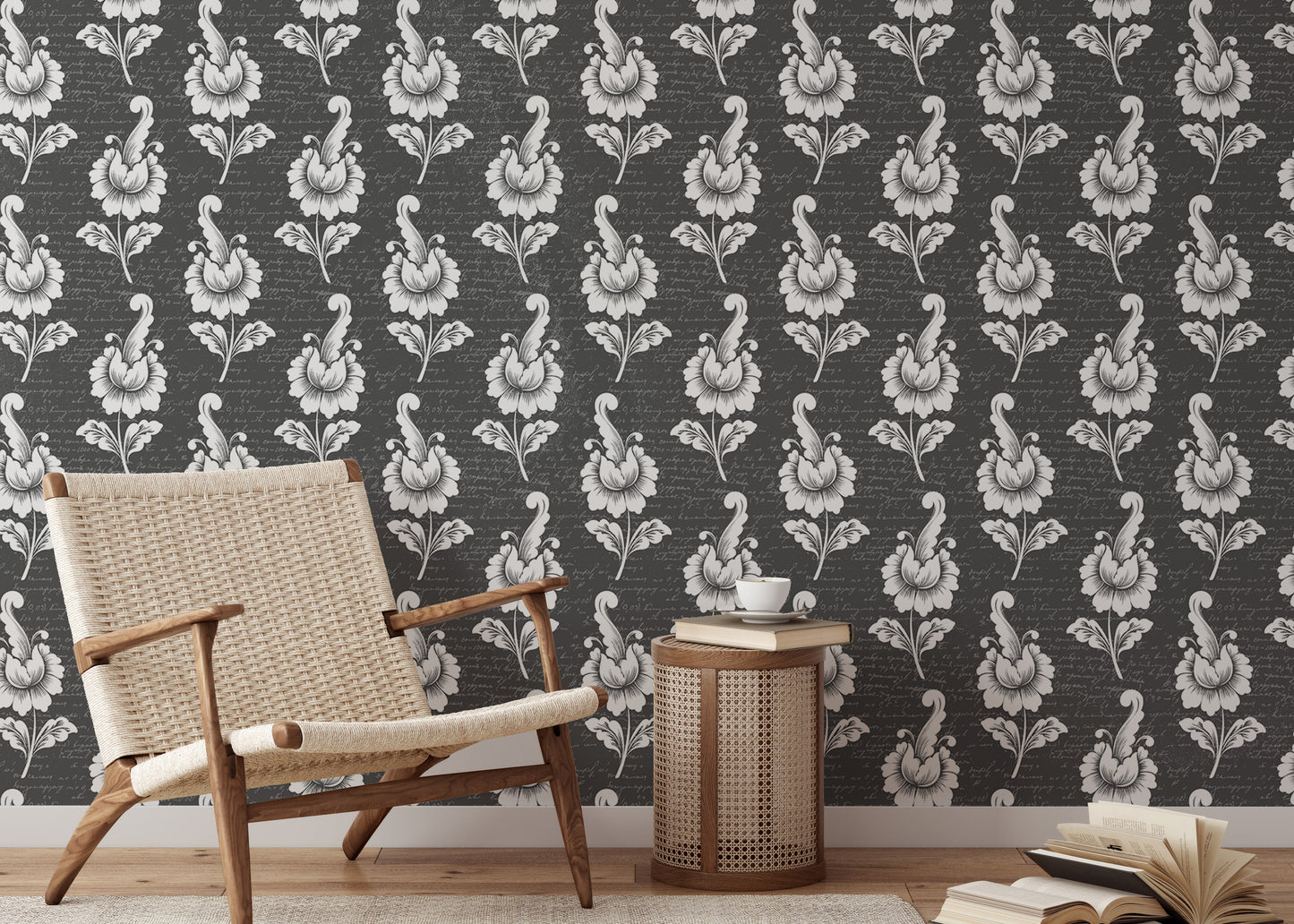 Abstract Autumn Leaf Design Black Damask Wallpaper