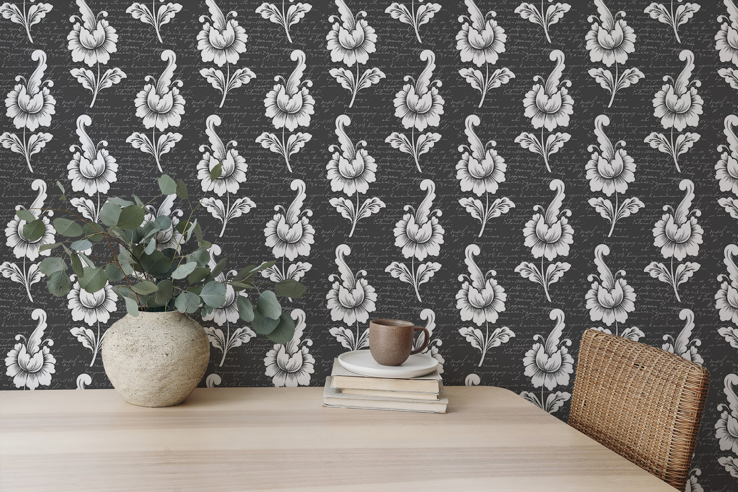 Abstract Autumn Leaf Design Black Damask Wallpaper