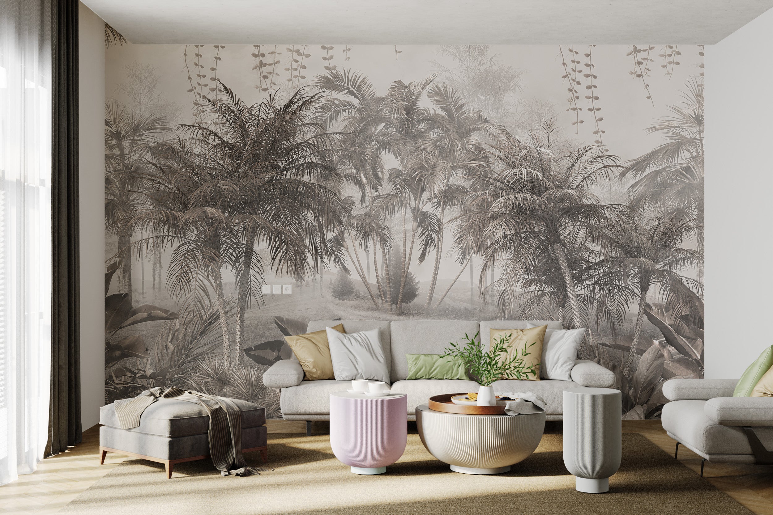 Soft watercolor tropical mural for living rooms.