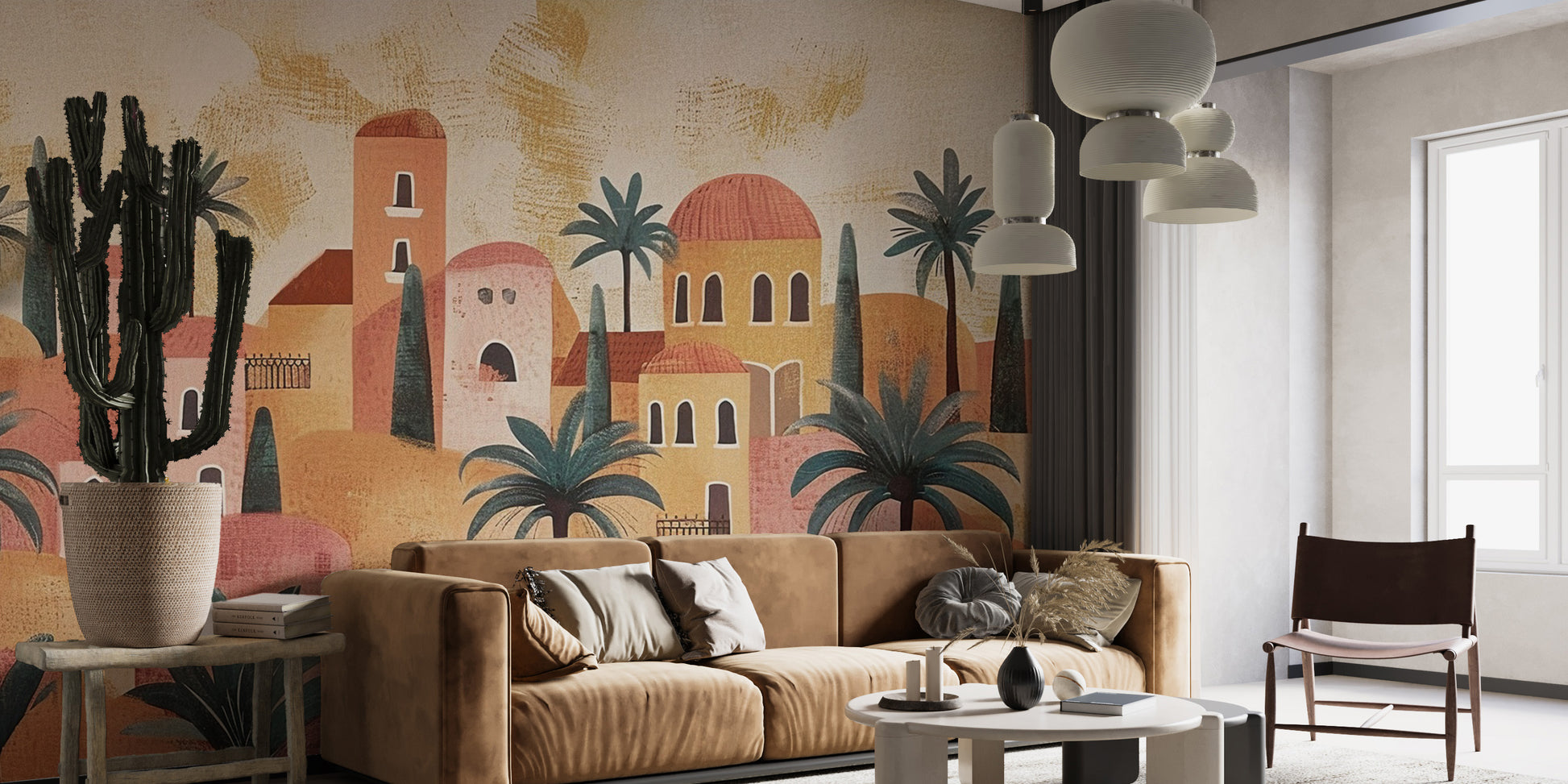 Desert oasis village mural with lush palms and sandy dunes.
