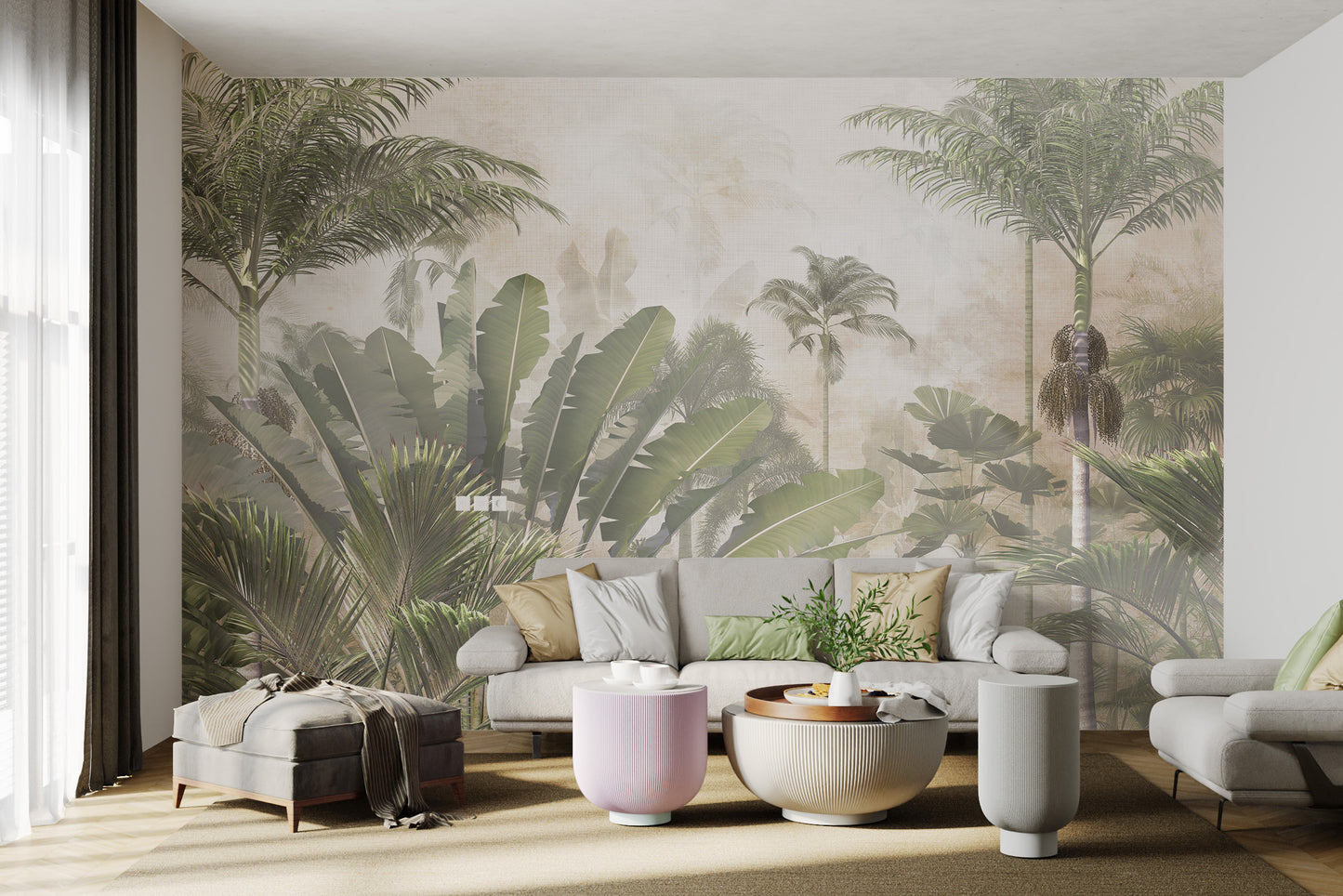 Lush green tropical trees and leaves wall mural.