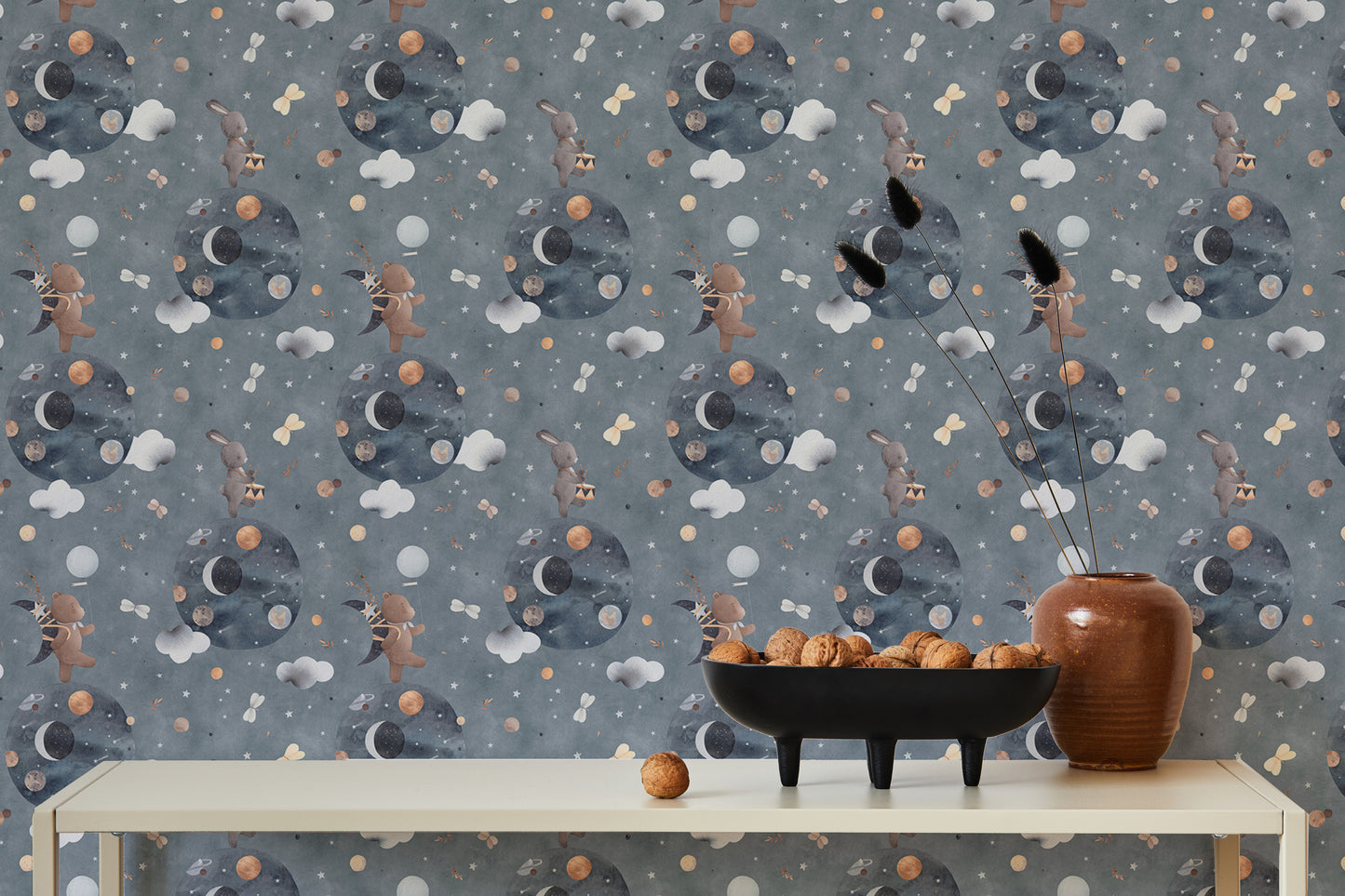 Adorable bunny and bear in space-themed kids wallpaper