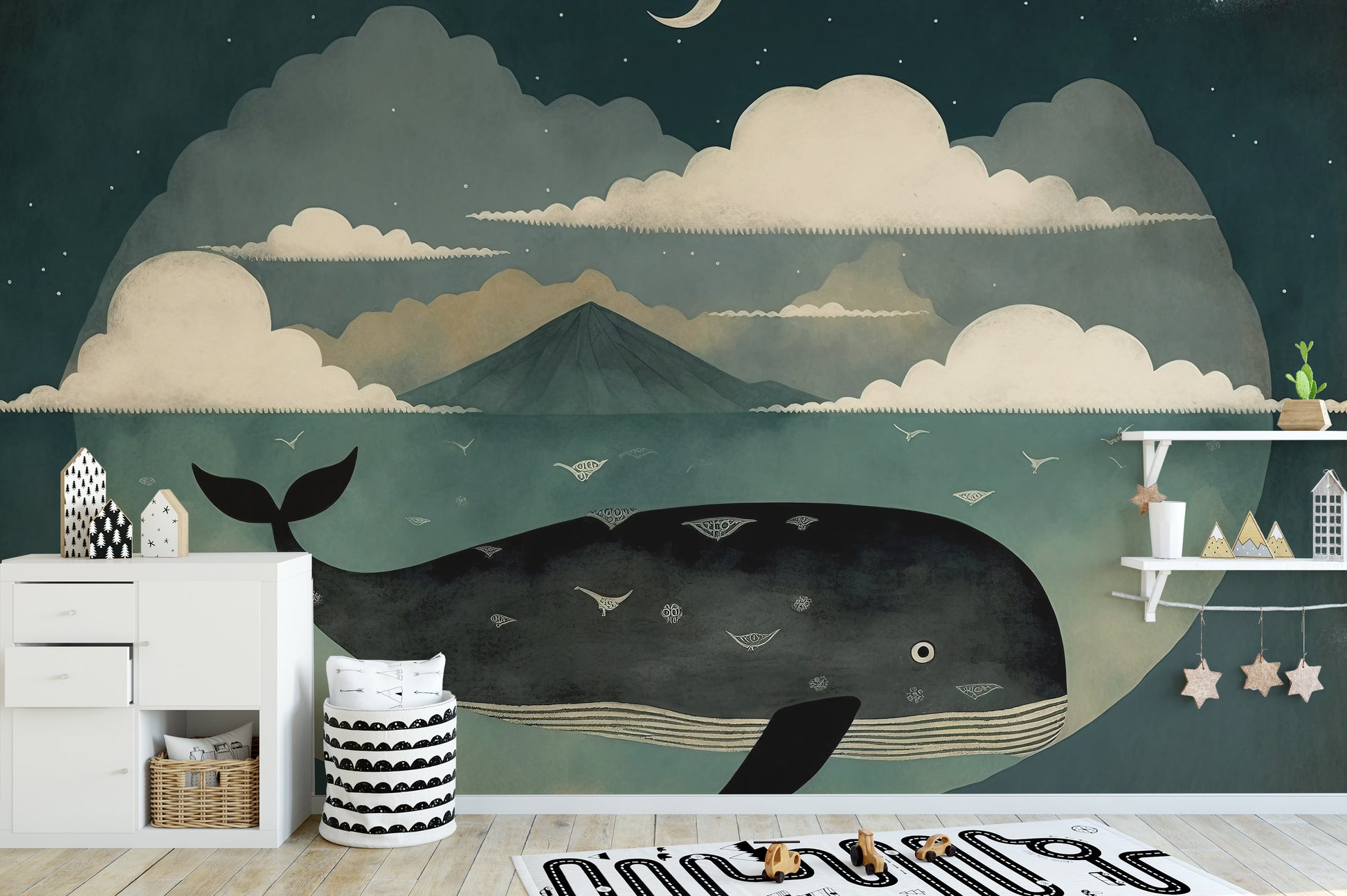 Removable whale under moon wallpaper for tranquil spaces