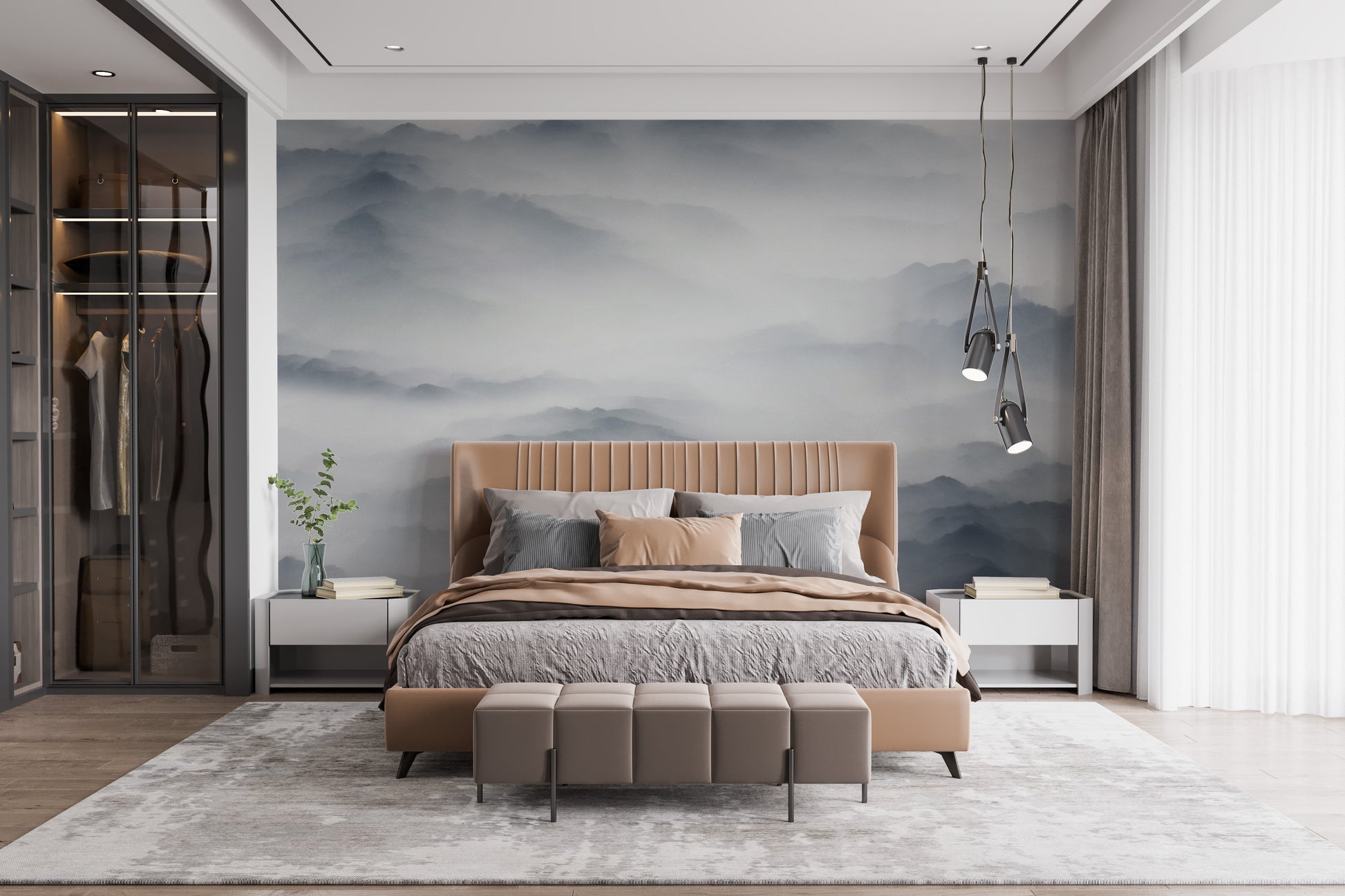 Serene foggy mountain mural for interiors
