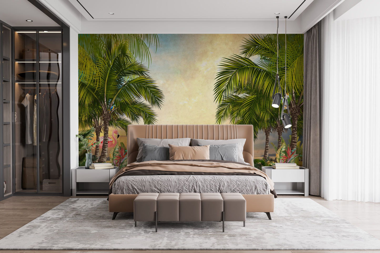 Nature-inspired sunset forest wall mural.
