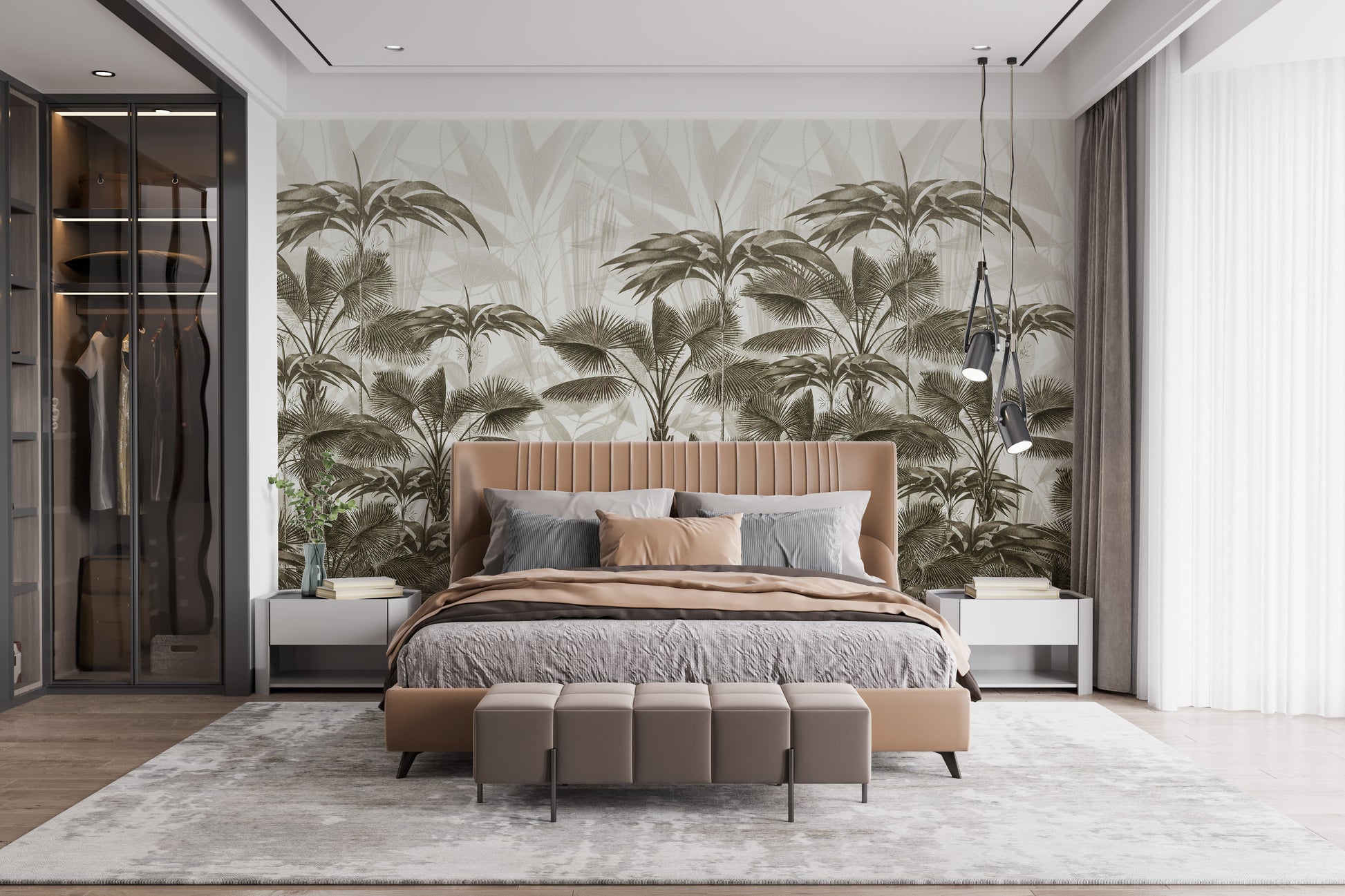 Wild palm canopy mural for tropical rooms.
