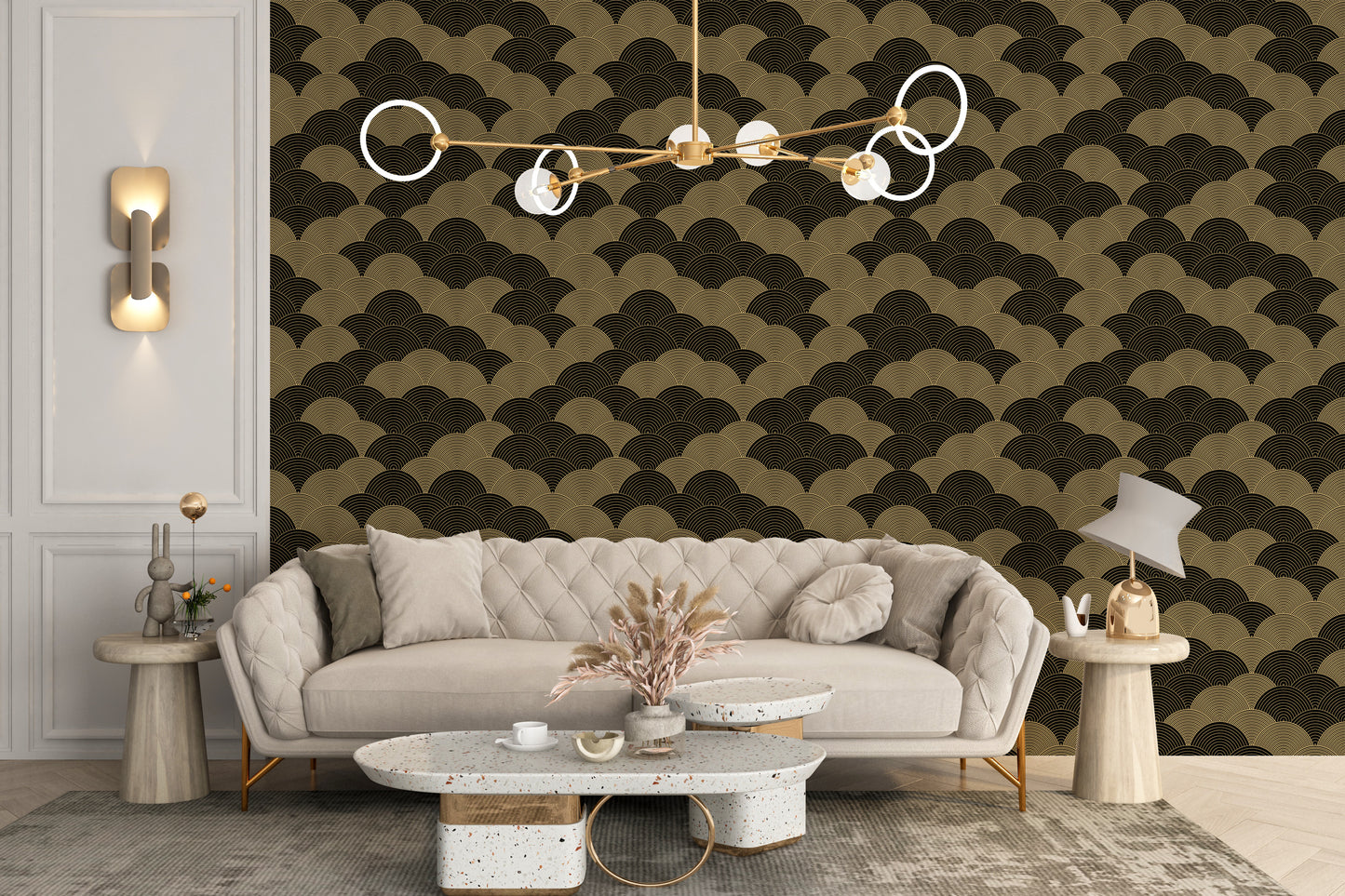 Coastal theme wallpaper with gold swirl accents
