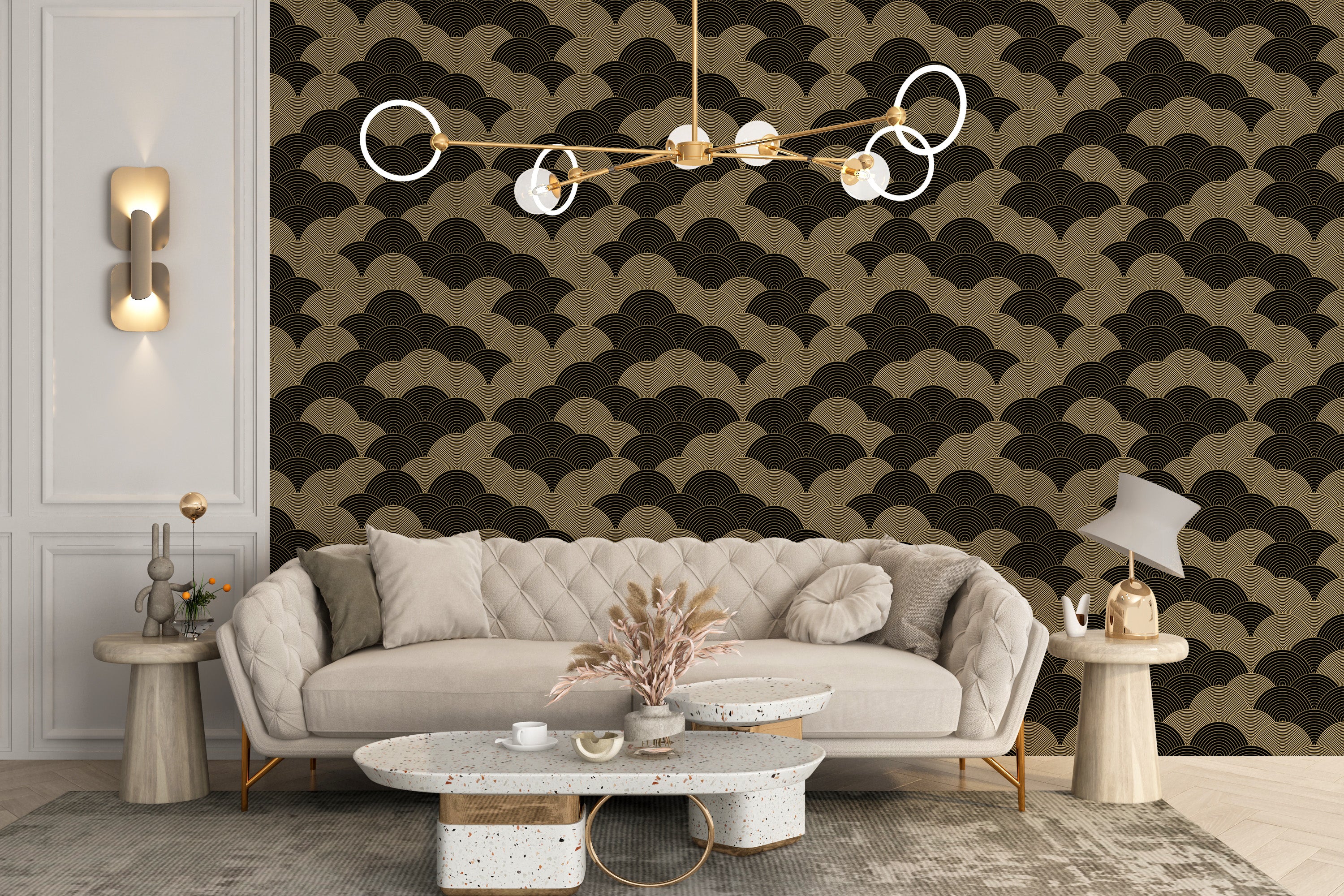 Coastal theme wallpaper with gold swirl accents
