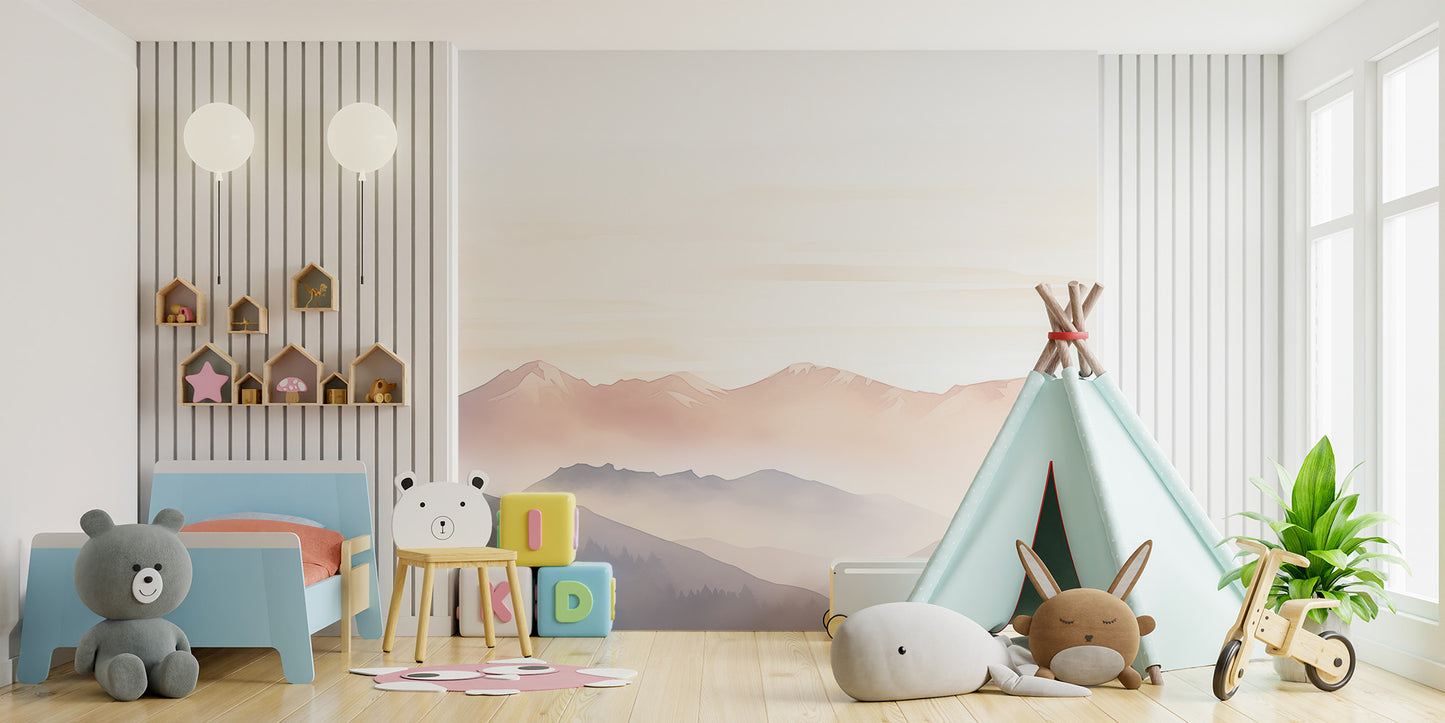 Gentle fog rolls over hills in a calming wall mural design.
