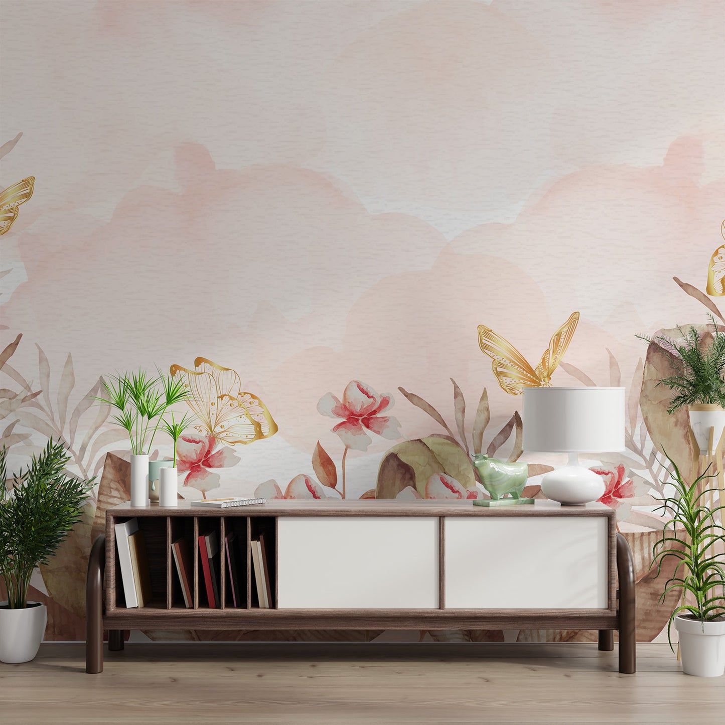 Warm-tone floral wallpaper with butterfly details
