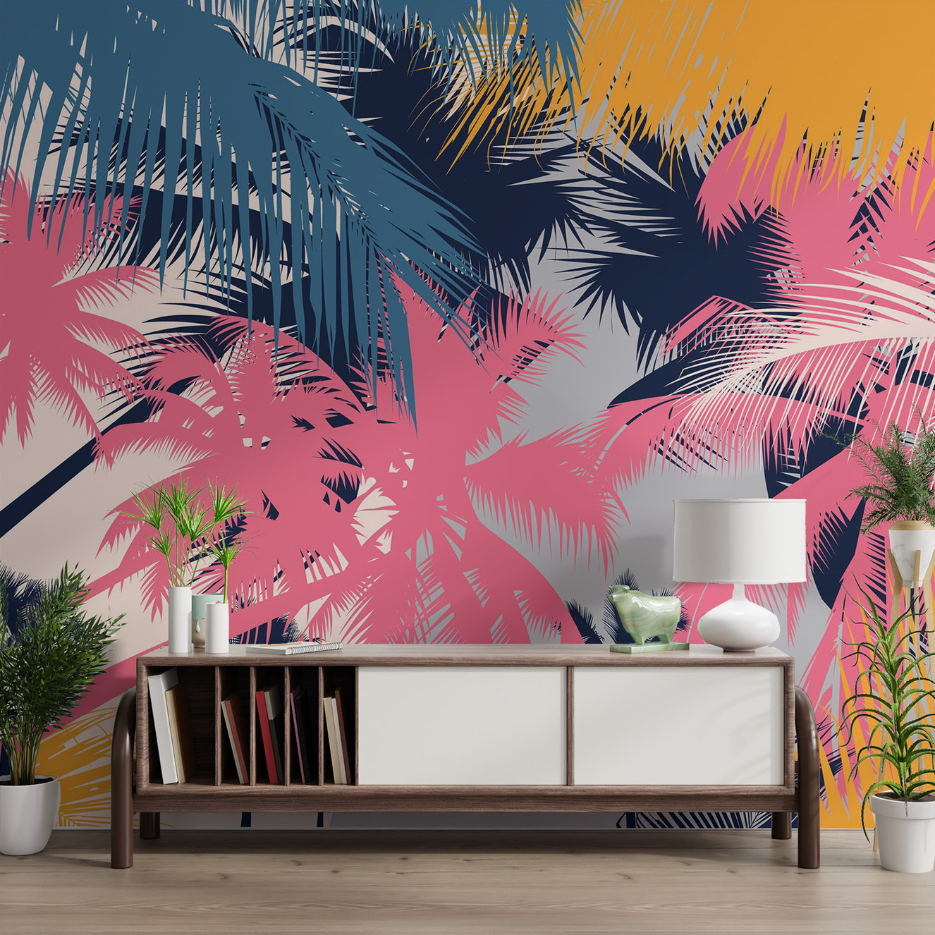 Vibrant tropical palm tree wallpaper design
